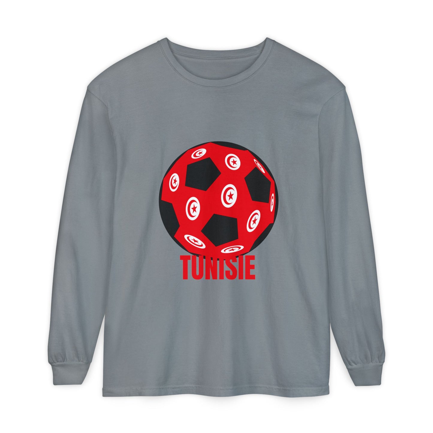 Tunisie Fan Specialty Soccer Ball Design T Shirt Long Sleeve Tee Red Text
