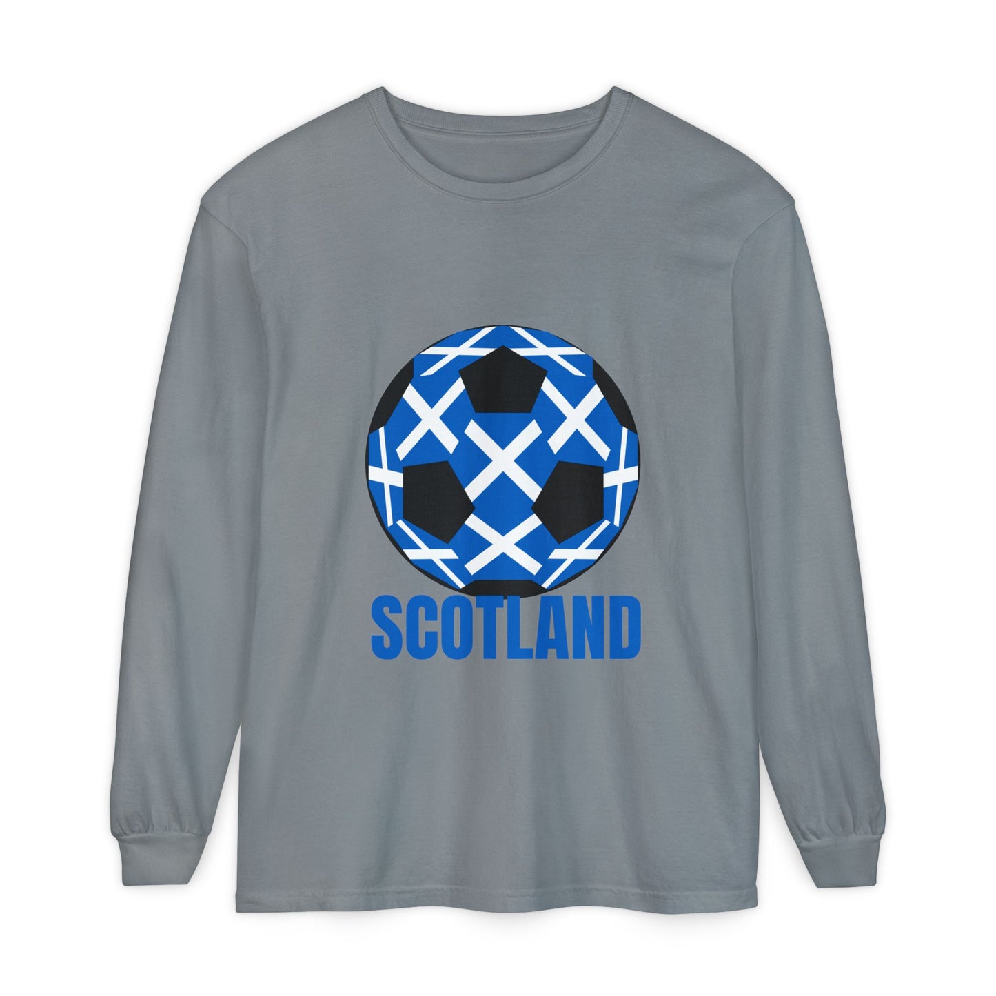 Scotland Fan Specialty Soccer Ball Design T Shirt Long Sleeve Tee Blue Text