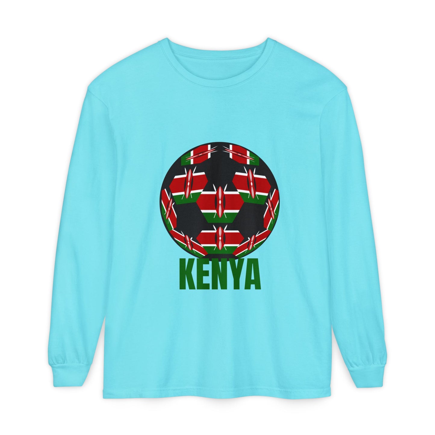 Kenya Fan Specialty Soccer Ball Design T Shirt Long Sleeve Tee Green Text