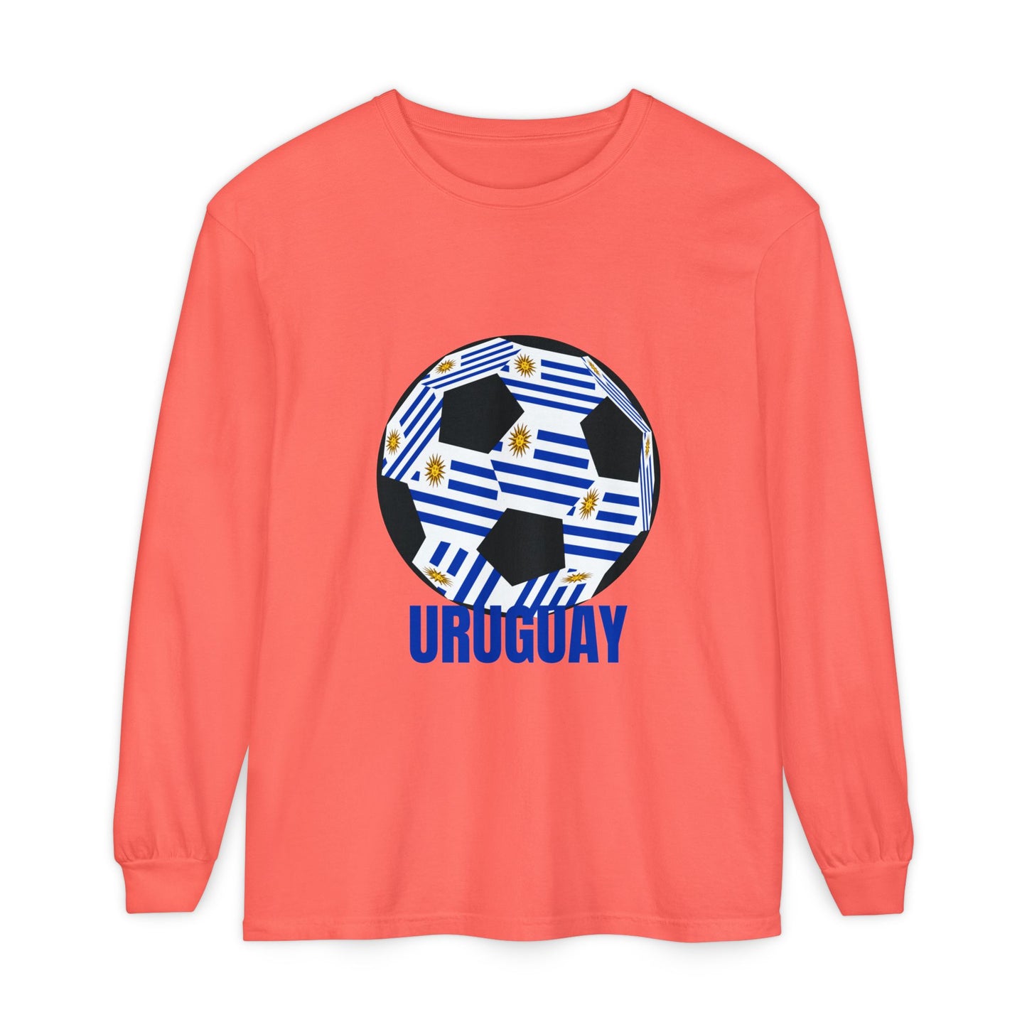 Uruguay Fan Specialty Soccer Ball Design Long Sleeve T-Shirt Blue Text