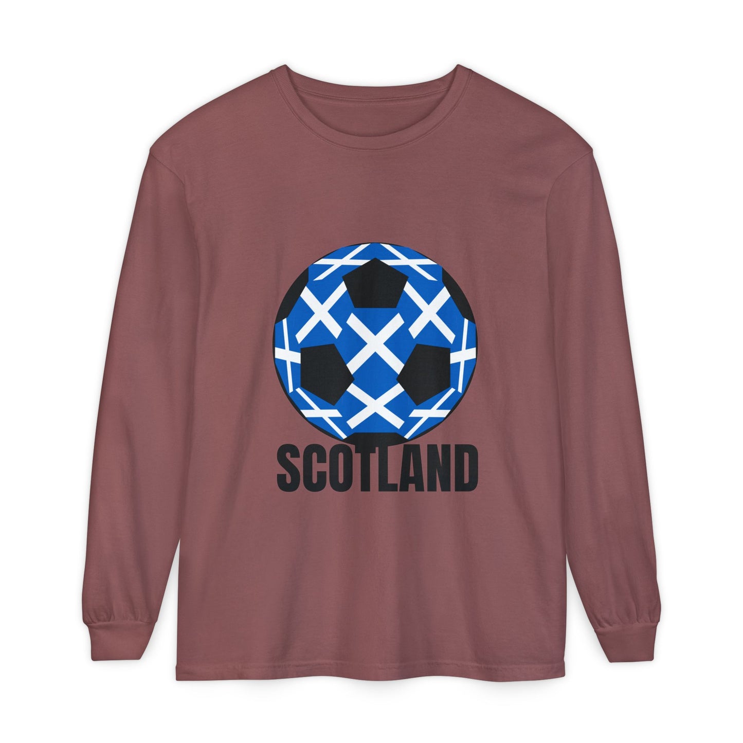 Scotland Fan Specialty Soccer Ball Design T Shirt Long Sleeve Tee Black Text
