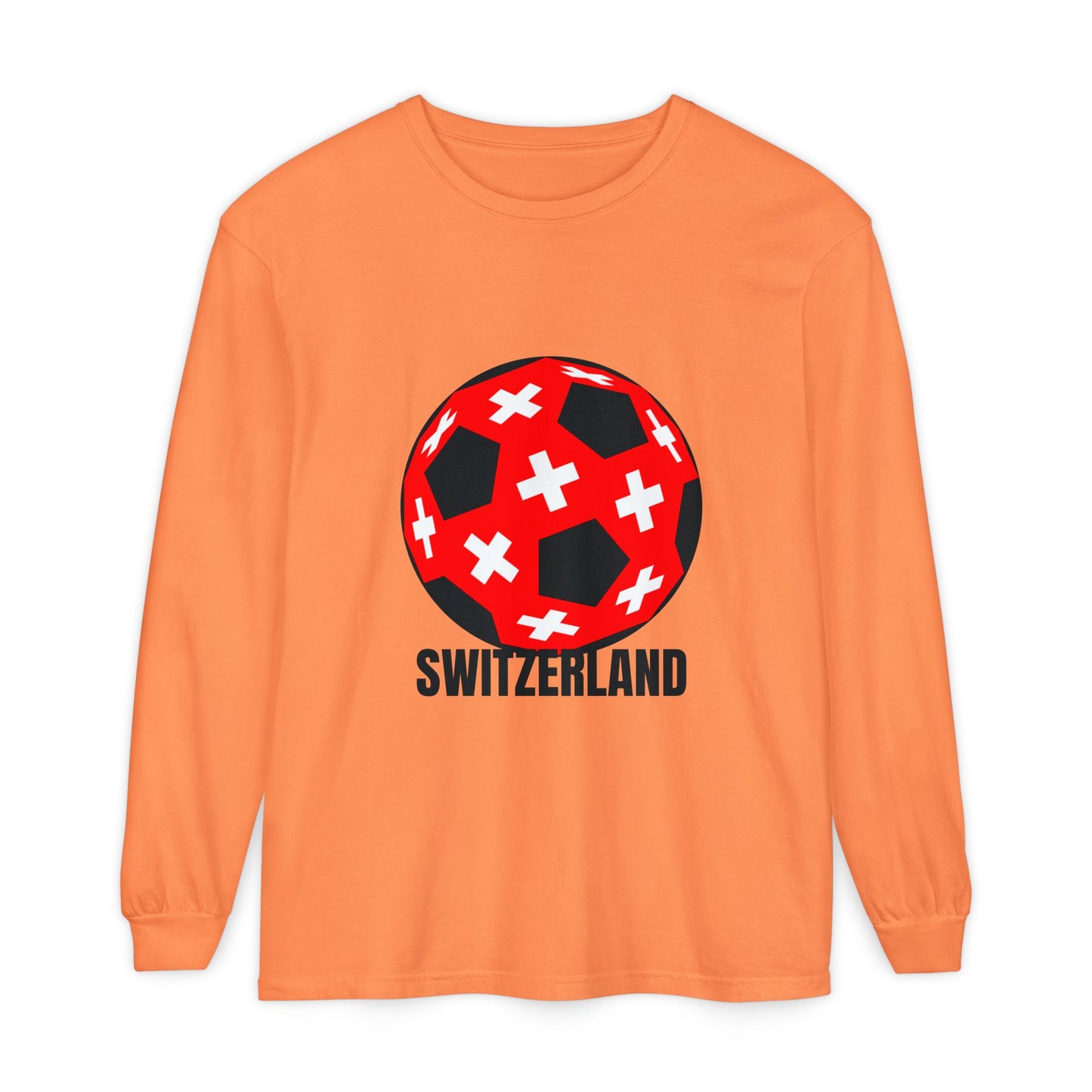 Switzerland Fan Specialty Soccer Ball Design T Shirt Long Sleeve Tee Black Text