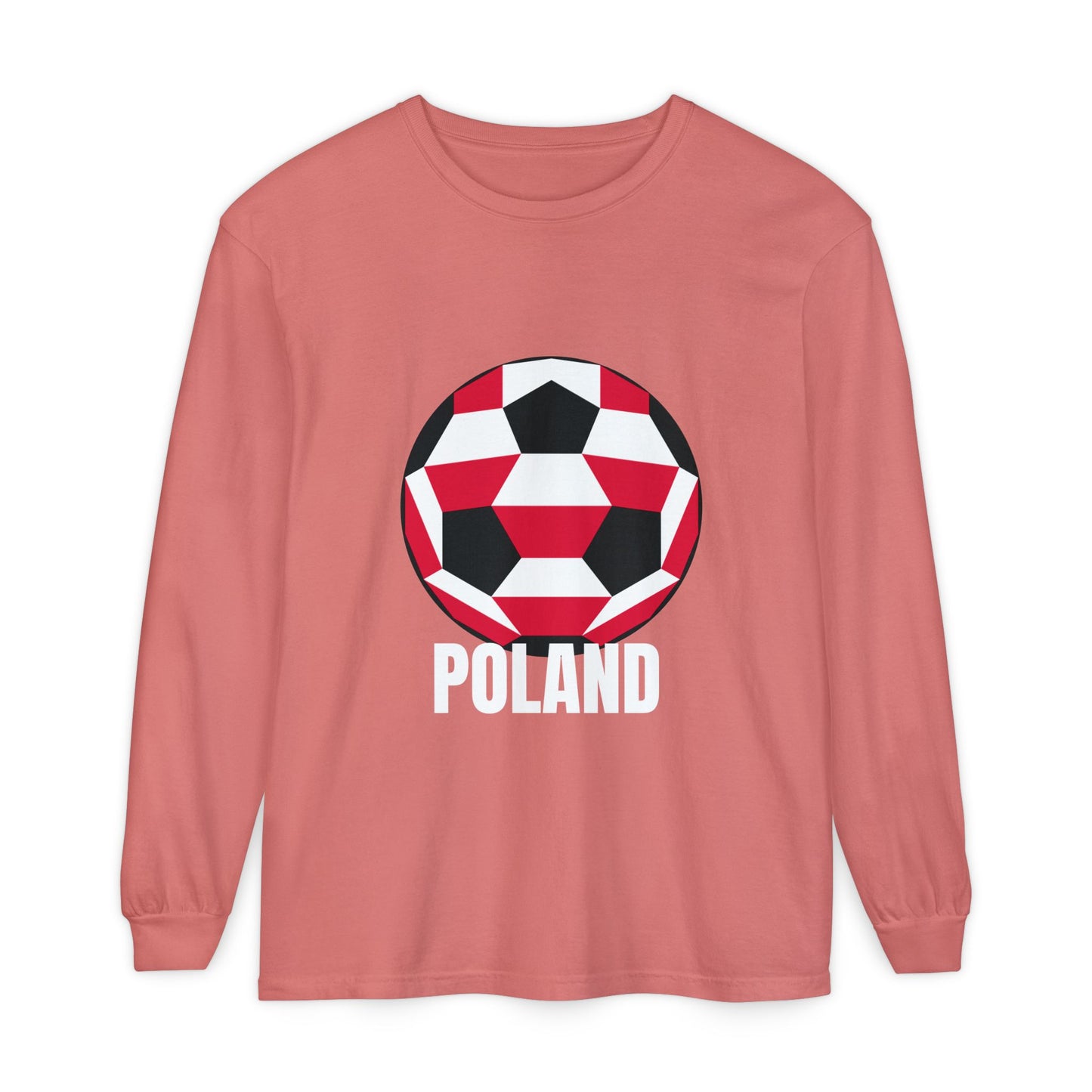 Poland Fan Specialty Soccer Ball Design T Shirt Long Sleeve Tee White Text