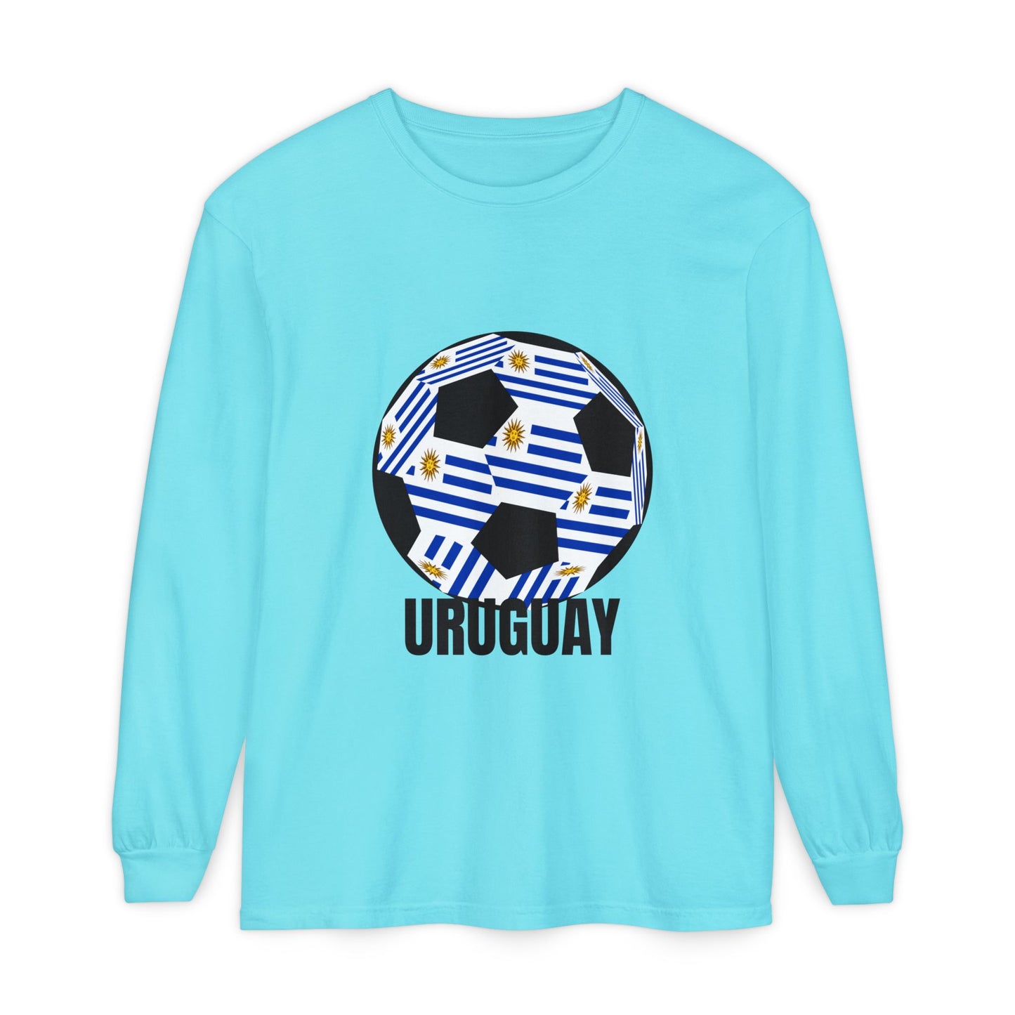 Uruguay Fan Specialty Soccer Ball Design Long Sleeve T-Shirt Black Text