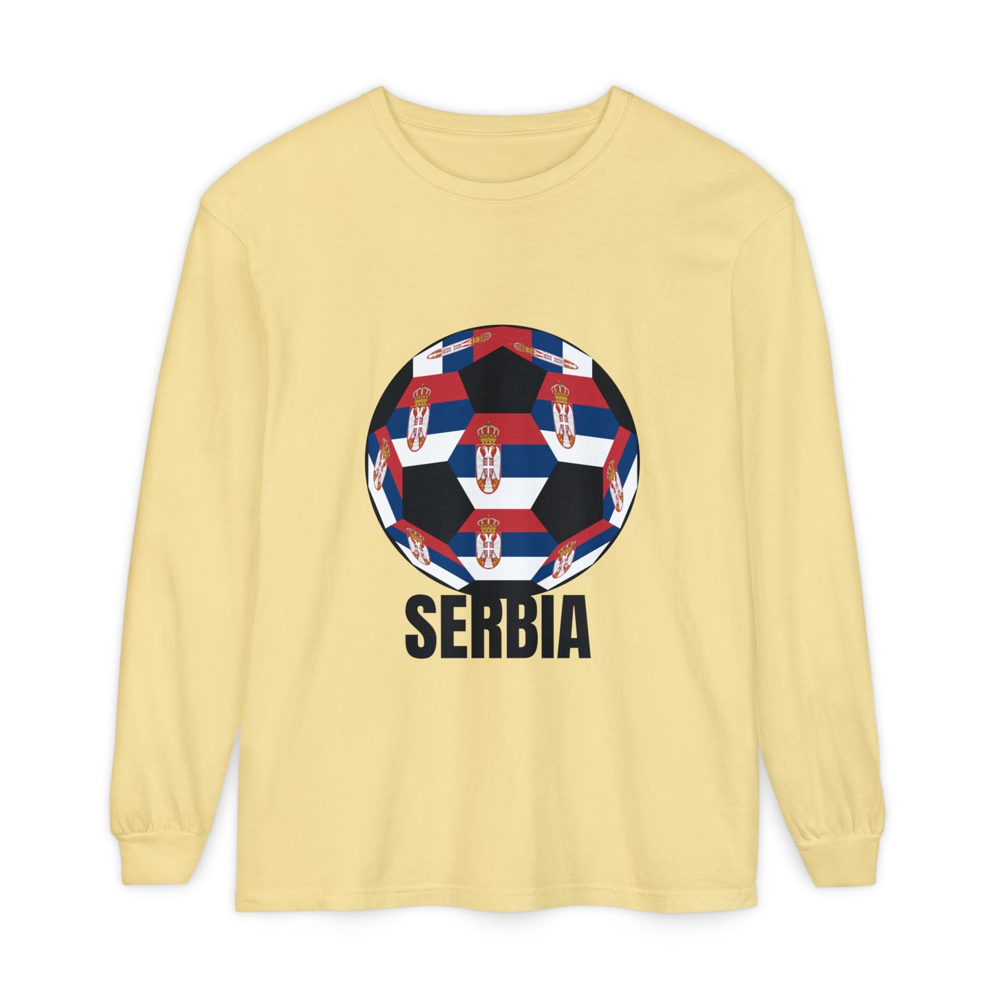 Serbia Fan Specialty Soccer Ball Design T Shirt Long Sleeve Tee Black Print