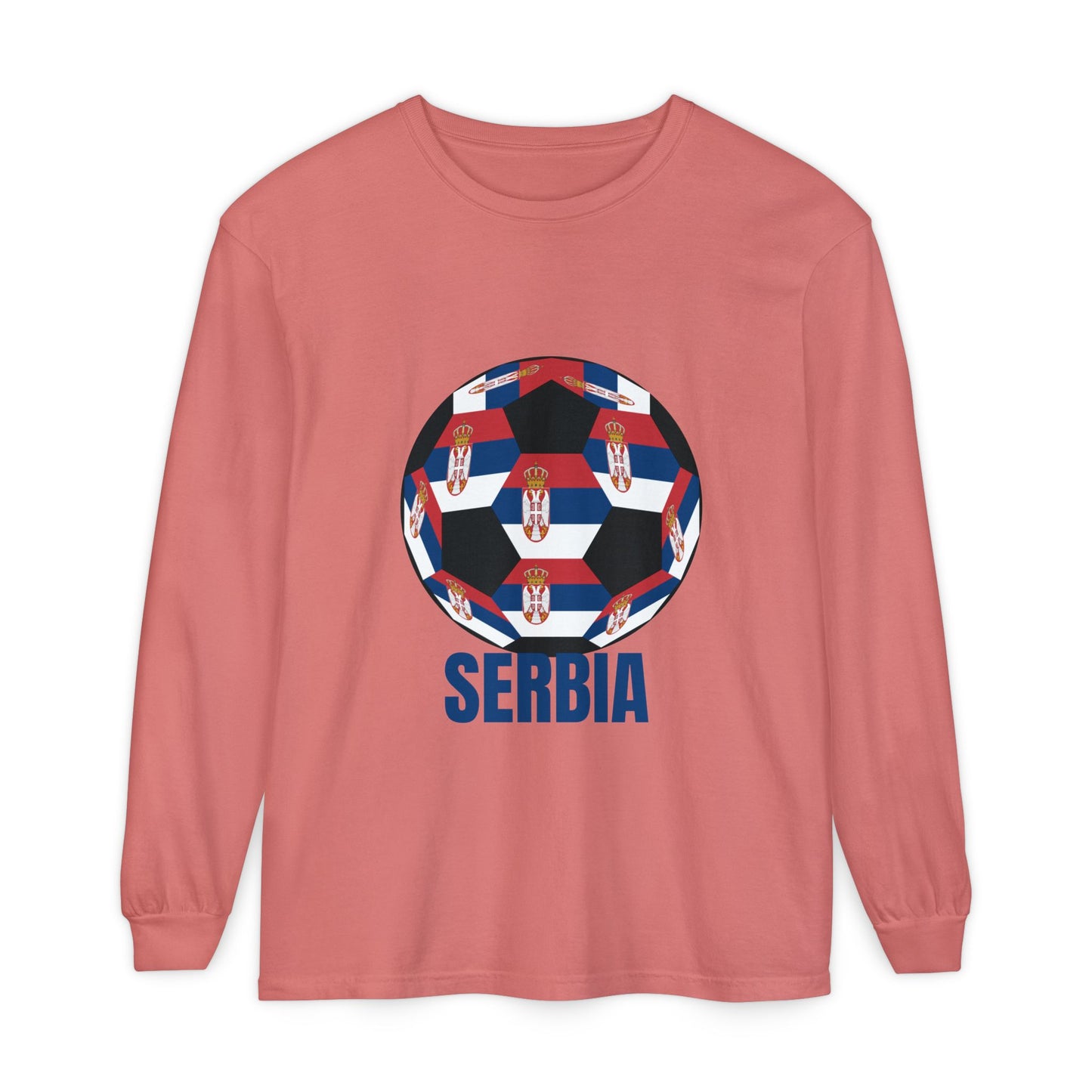 Serbia Fan Specialty Soccer Ball Design T Shirt Long Sleeve Shirt Blue Text