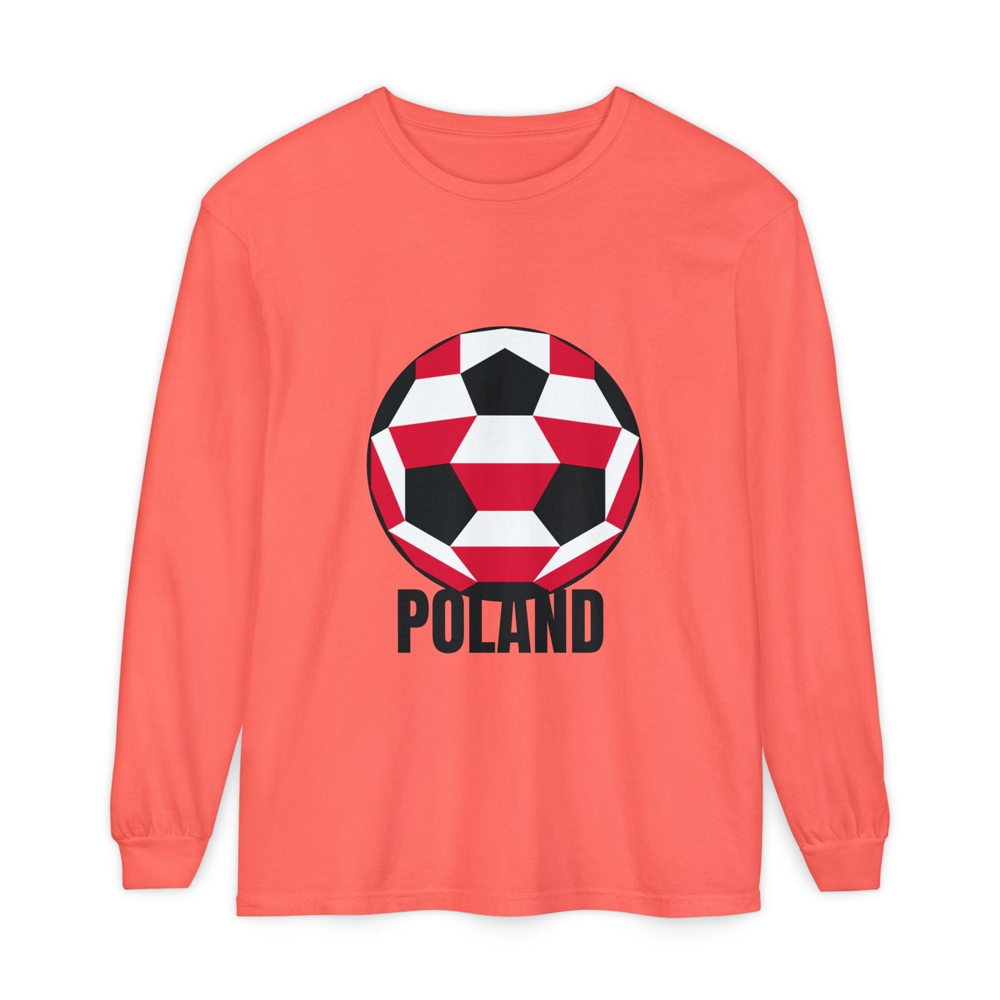 Poland Fan Specialty Soccer Ball Design T Shirt Long Sleeve Shirt Black Text