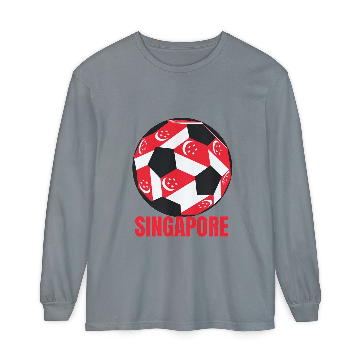 Singapore Fan Specialty Soccer Ball Design T ShirtLong Sleeve Tee Red Text