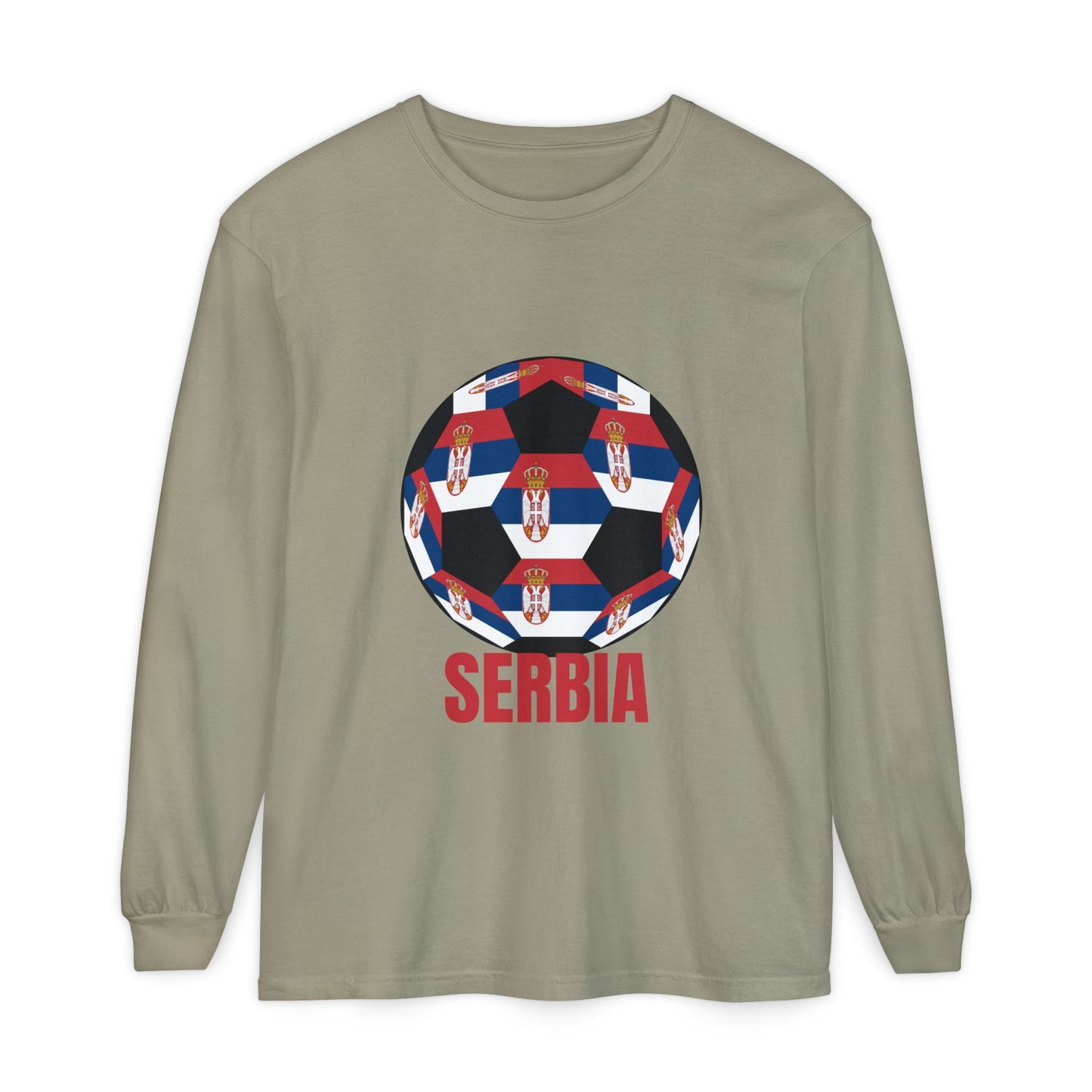 Serbia Fan Specialty Soccer Ball Design T Shirt Long Sleeve Tee Red Text
