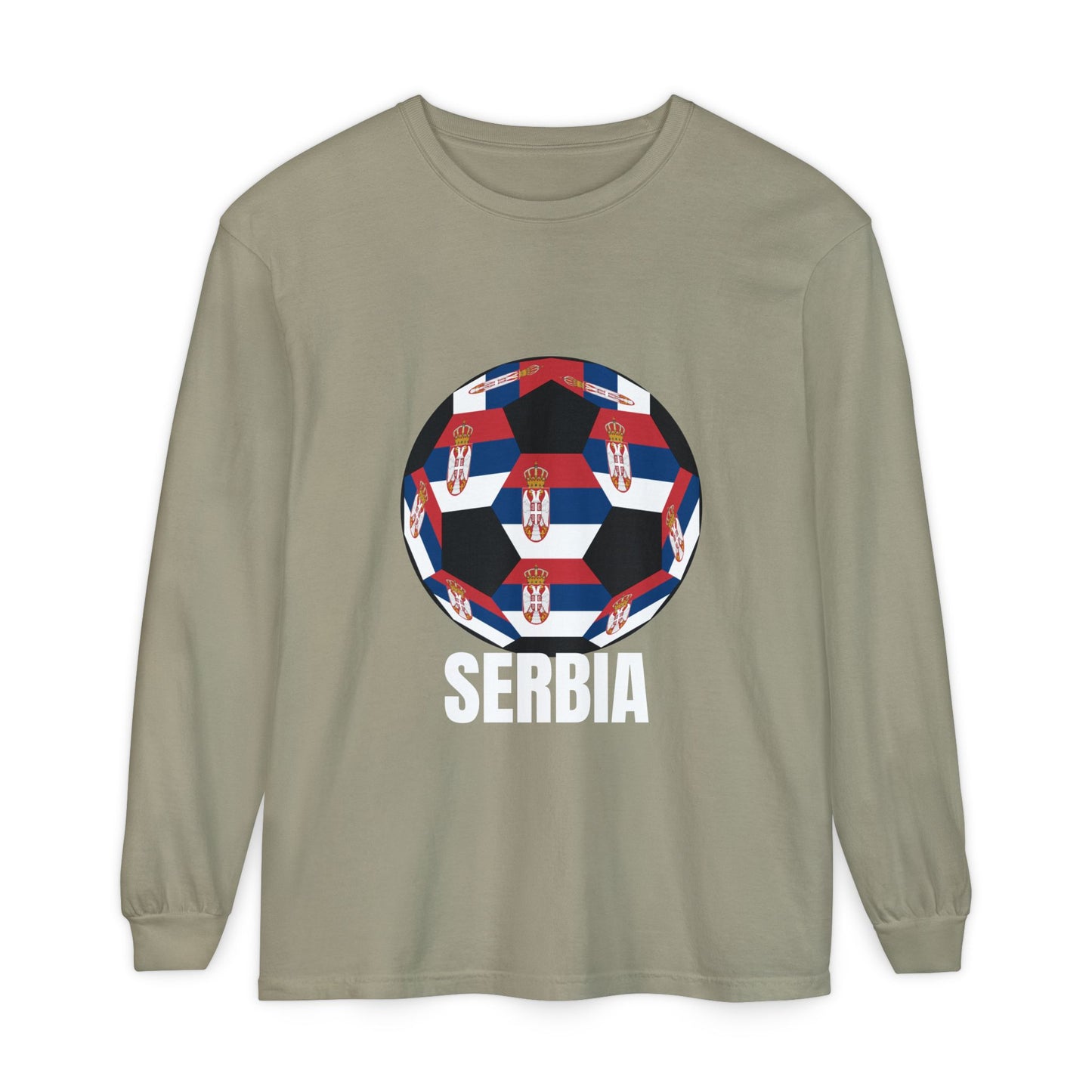 Serbia Fan Specialty Soccer Ball Design T Shirt Long Sleeve Tee White Text