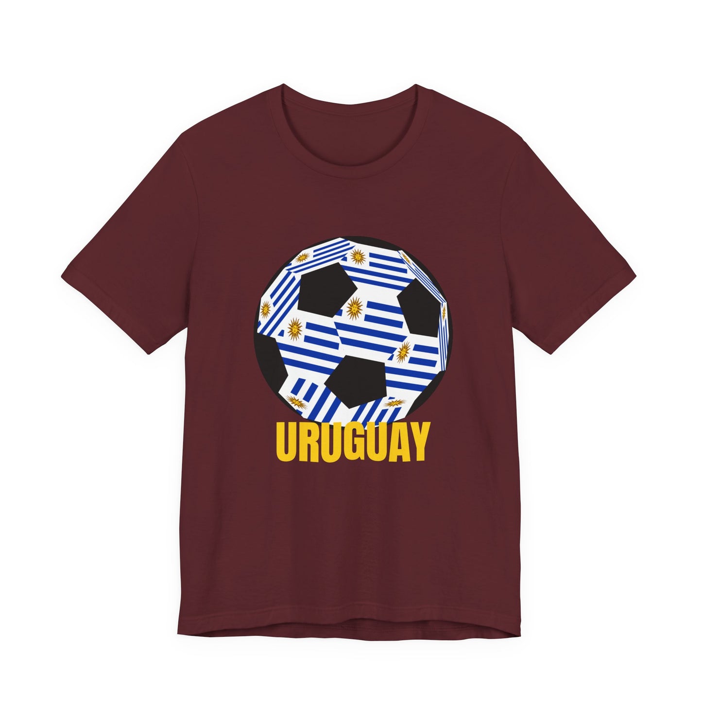 Uruguay Fan Specialty Soccer Ball Design T Shirt Gold Text