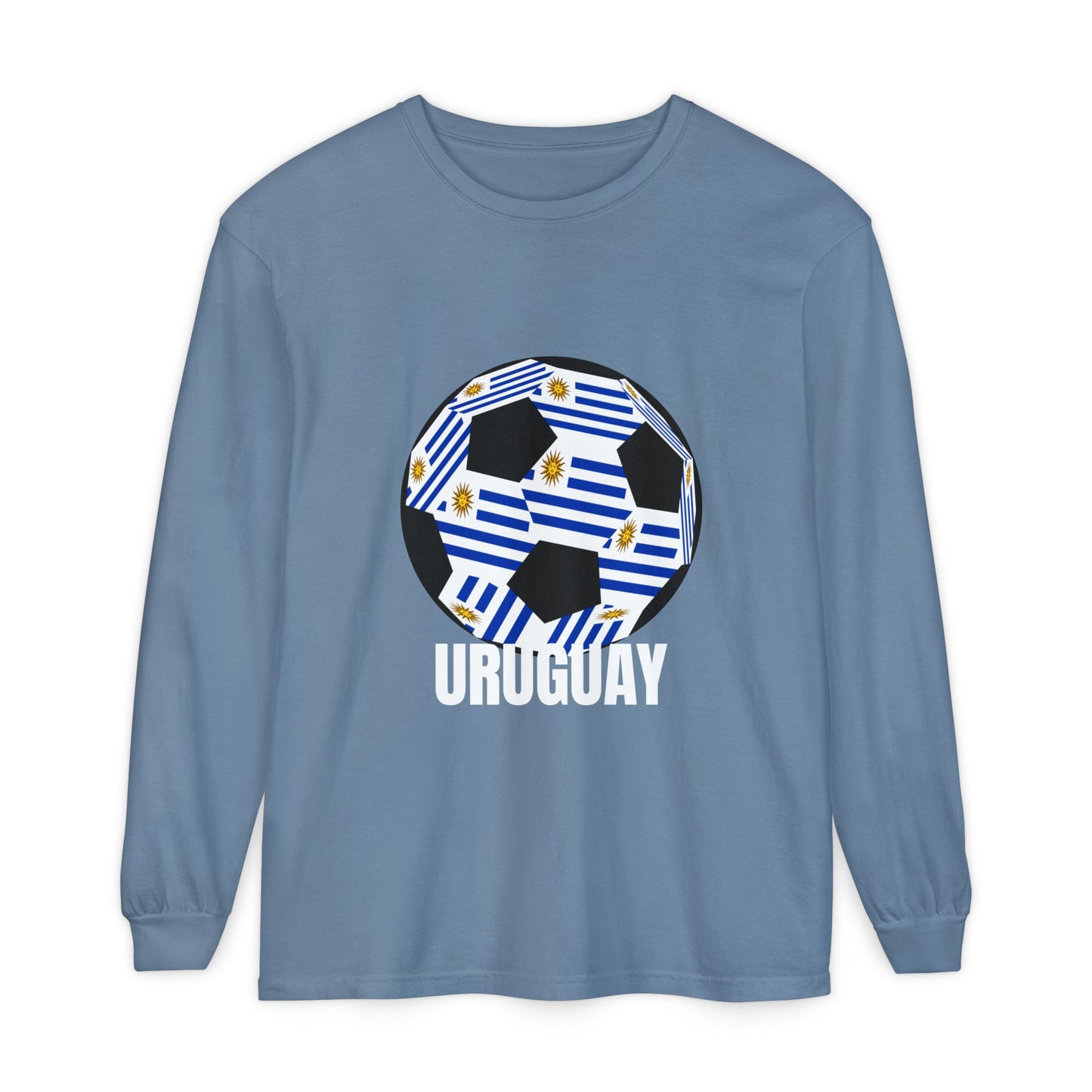Uruguay Fan Specialty Soccer Ball Design Long Sleeve T‑Shirt White Text