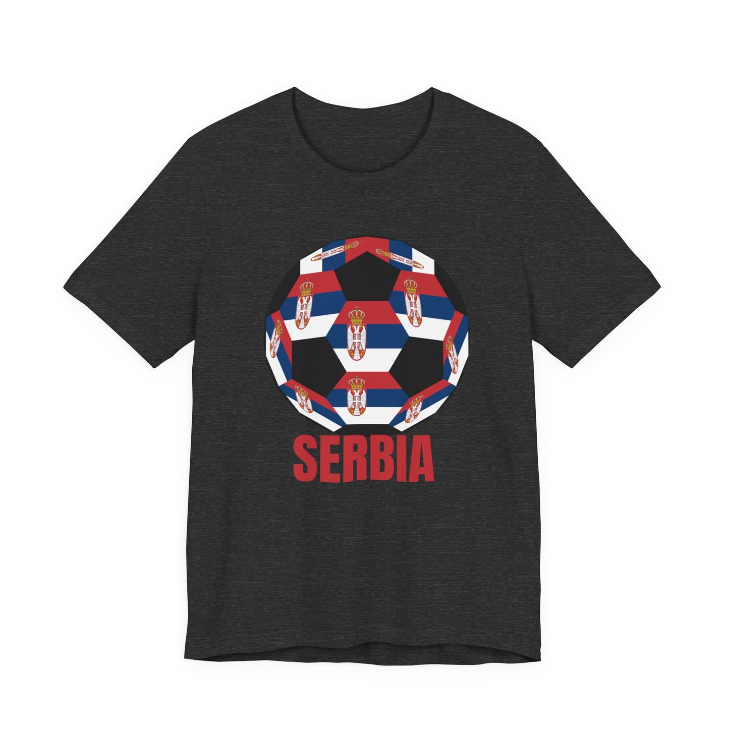 Serbia Fan Specialty Soccer Ball Design T Shirt Red Text