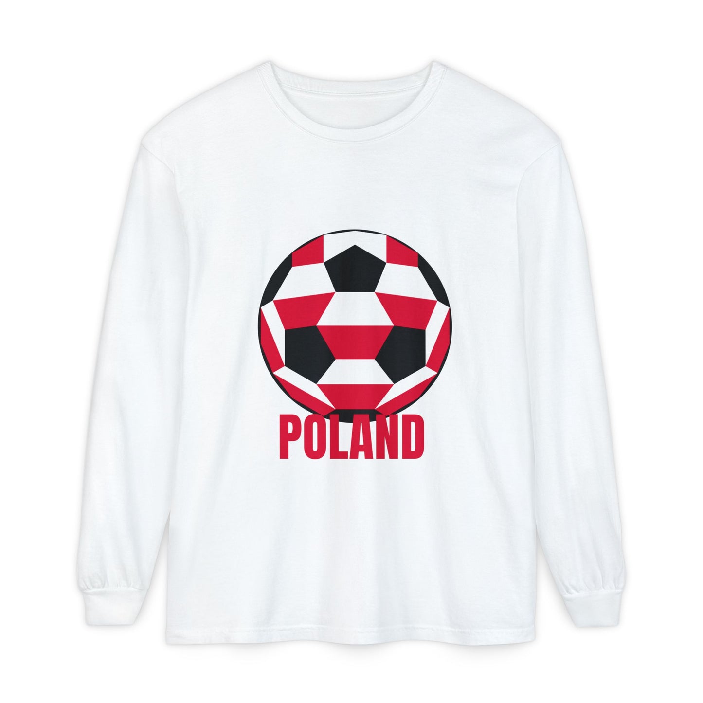 Poland Fan Specialty Soccer Ball Design T Shirt Long Sleeve T-Shirt Red Text