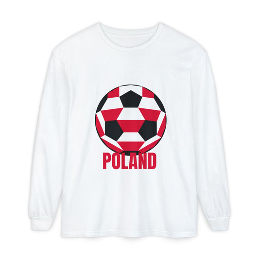 Poland Fan Specialty Soccer Ball Design T Shirt Long Sleeve T-Shirt Red Text