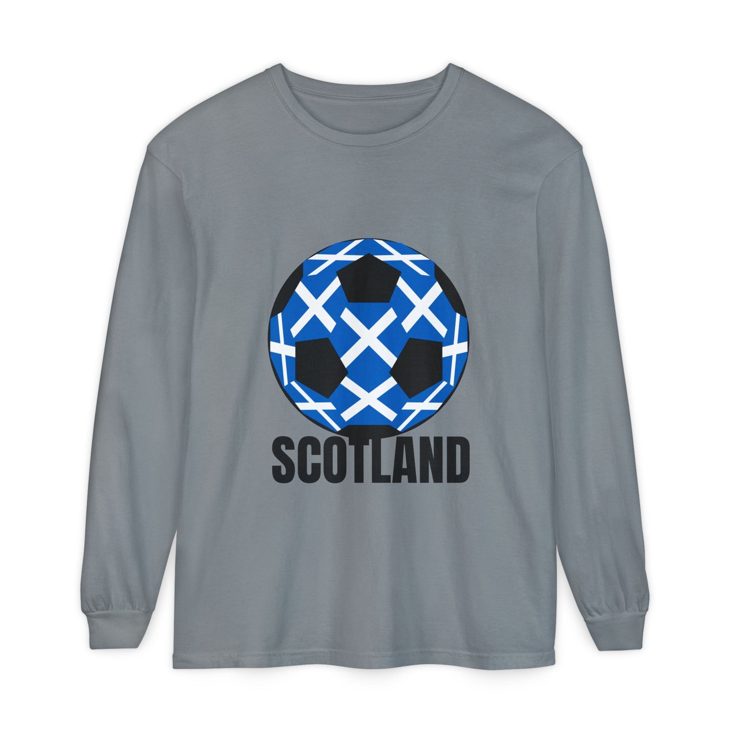 Scotland Fan Specialty Soccer Ball Design T Shirt Long Sleeve Tee Black Text