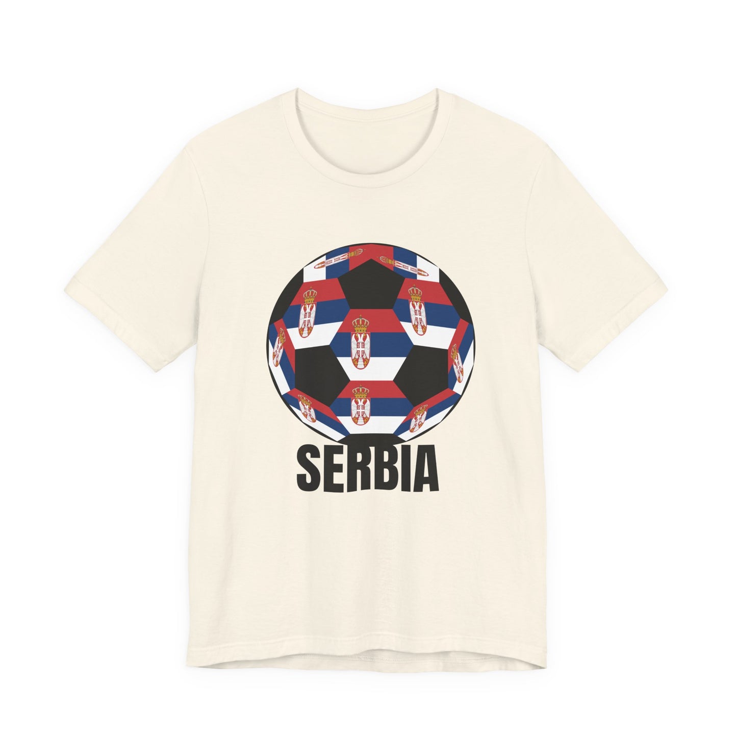 Serbia Fan Specialty Soccer Ball Design T Shirt Black Text