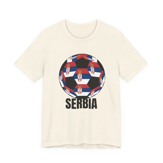 Serbia Fan Specialty Soccer Ball Design T Shirt Black Text