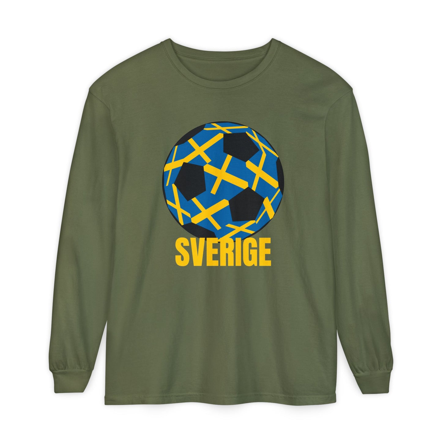 Sverige Fan Specialty Soccer Ball Design T Shirt Gold Text