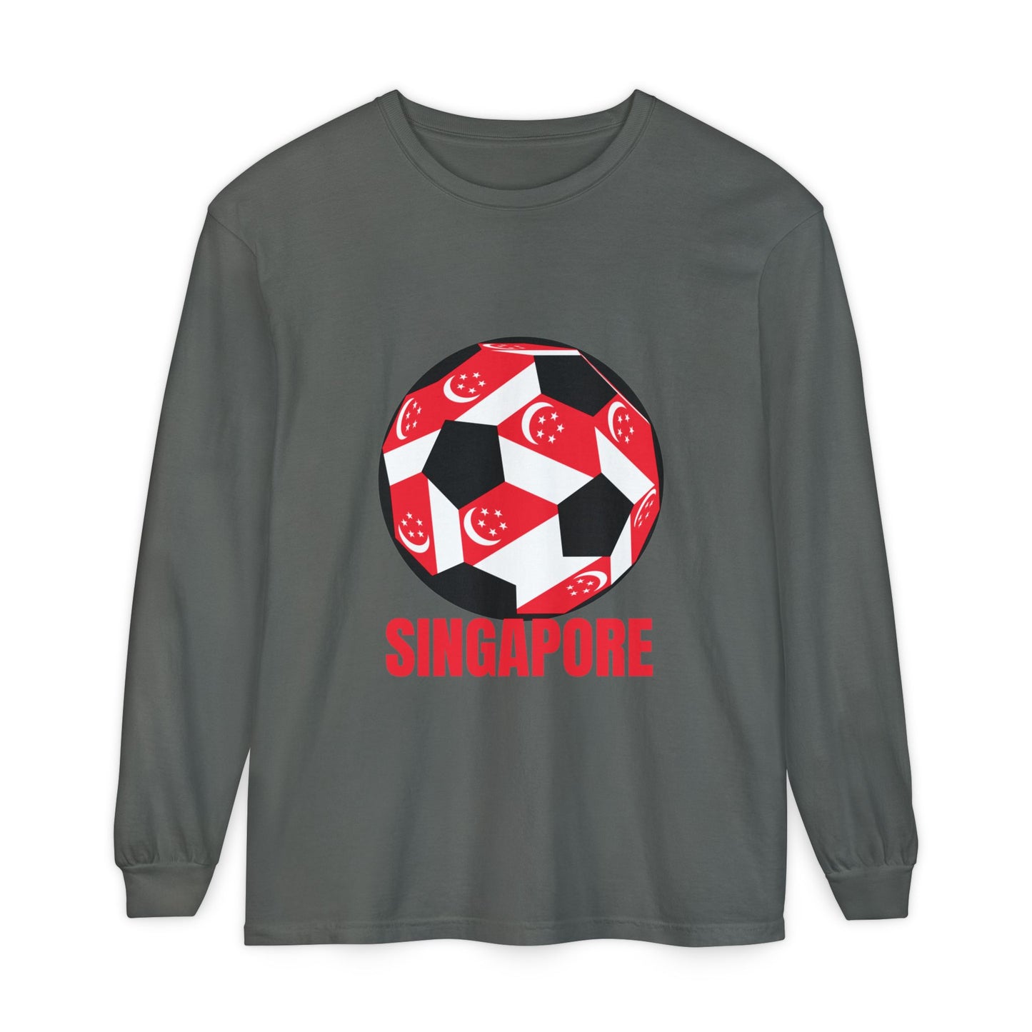 Singapore Fan Specialty Soccer Ball Design T ShirtLong Sleeve Tee Red Text