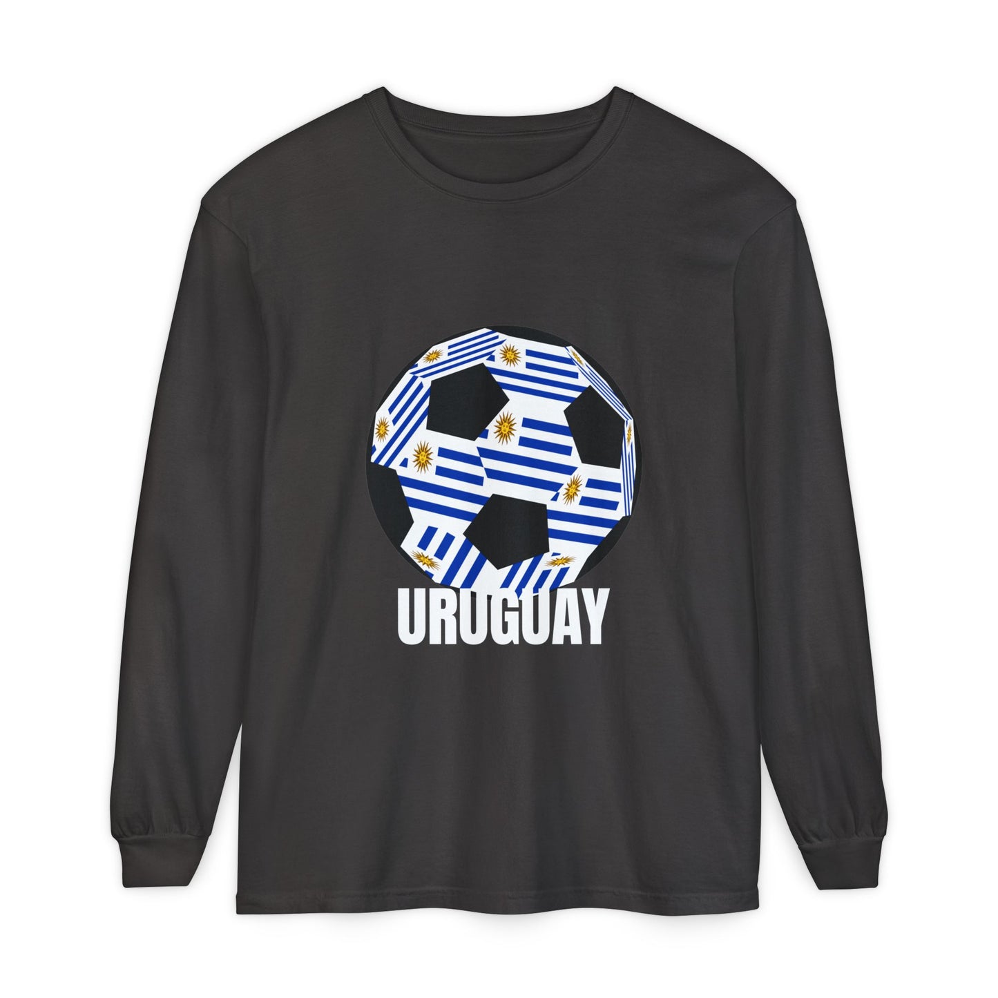 Uruguay Fan Specialty Soccer Ball Design Long Sleeve T‑Shirt White Text