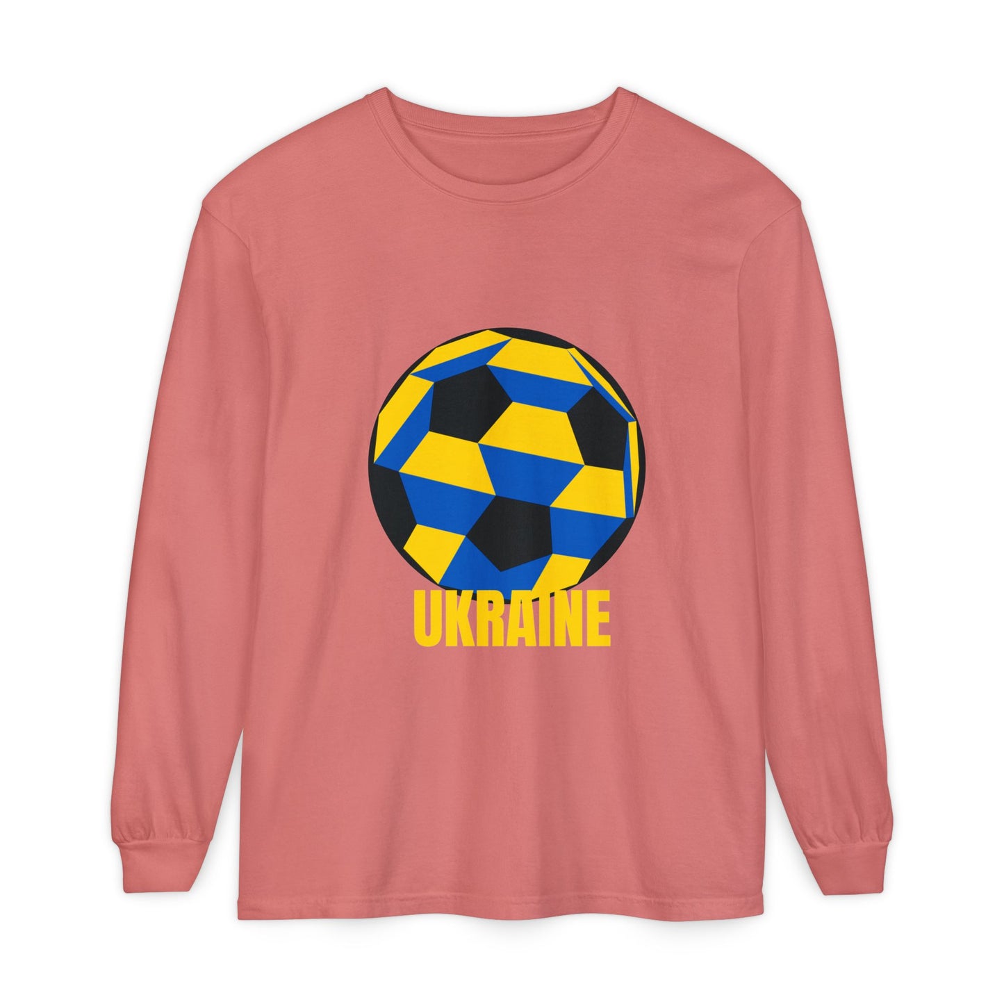 Ukraine Fan Specialty Soccer Ball Design Long Sleeve Tee Yellow Text
