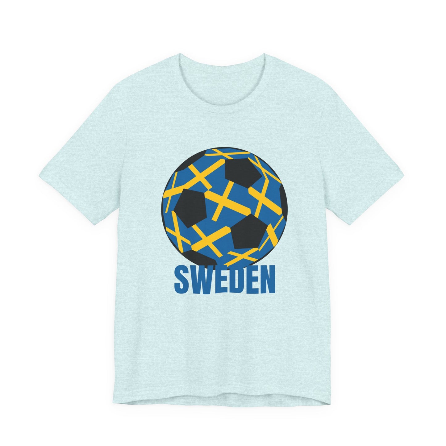 Sweden Fan Specialty Soccer Ball Design T Shirt Blue Text