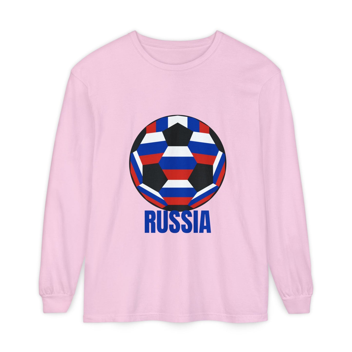 Russia Fan Specialty Soccer Ball Design T Shirt Long Sleeve T-Shirt Blue Text