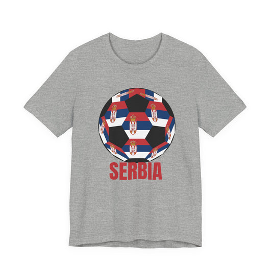Serbia Fan Specialty Soccer Ball Design T Shirt Red Text