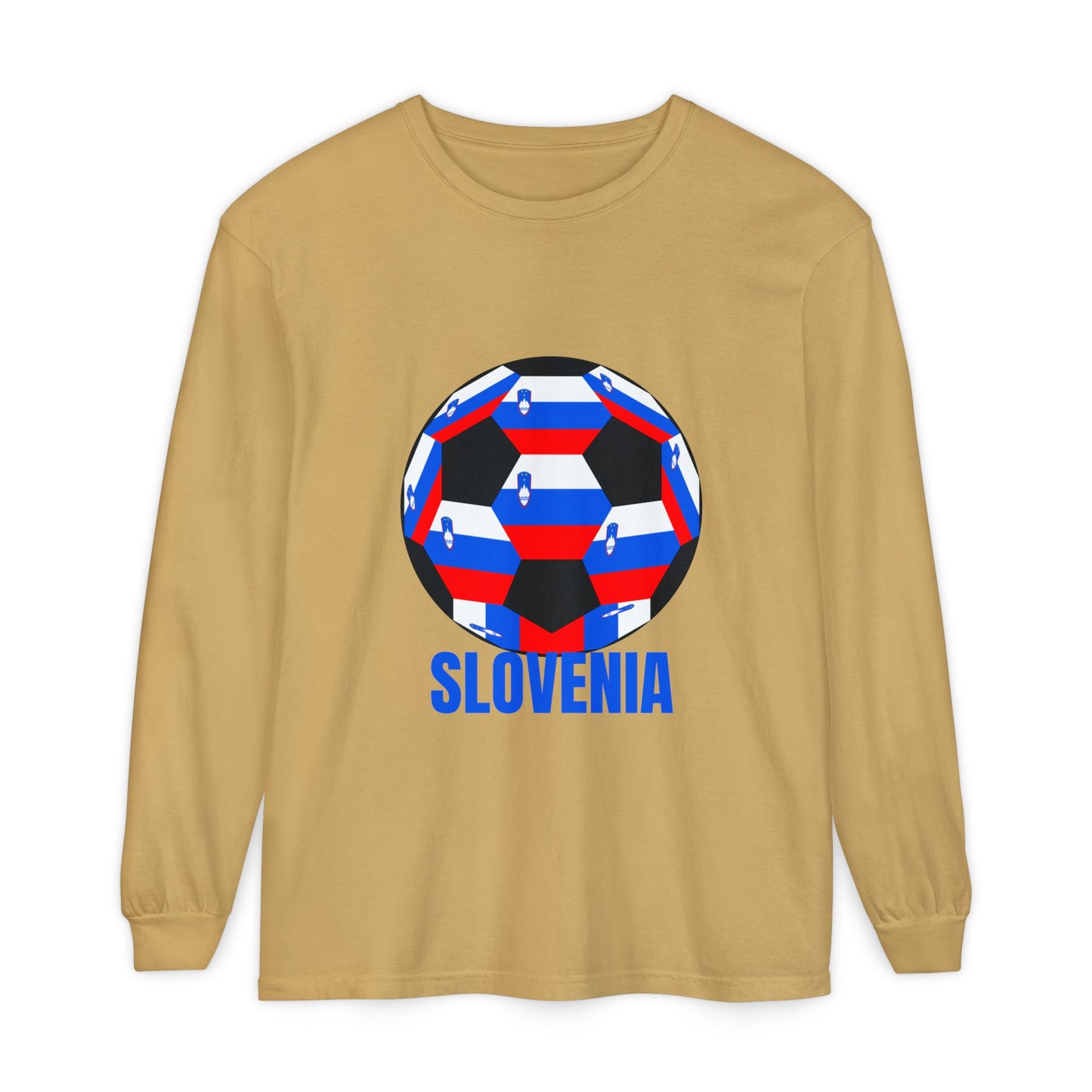 Slovenia Fan Specialty Soccer Ball Design Long Sleeve T-Shirt Blue Text