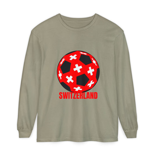 Switzerland Fan Specialty Soccer Ball Design T Shirt Long Sleeve Tee Red Text