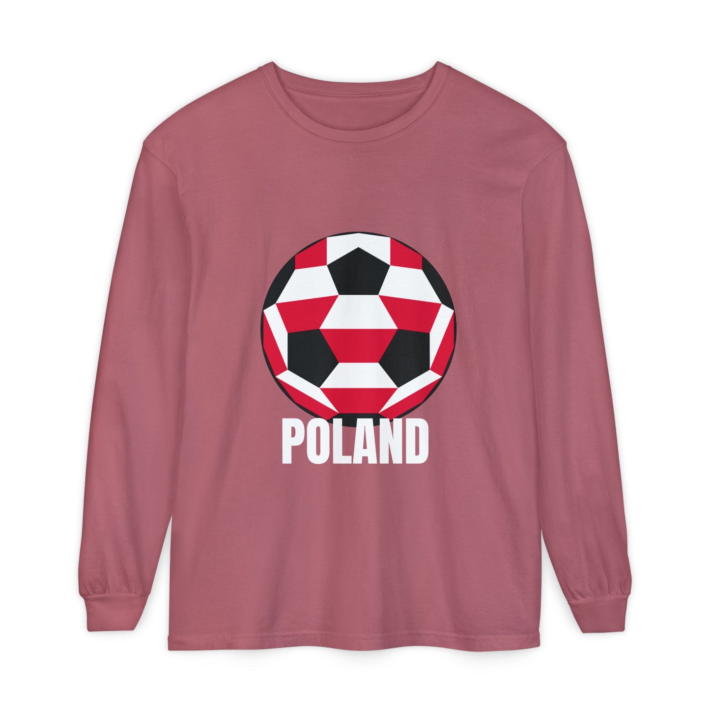 Poland Fan Specialty Soccer Ball Design T Shirt Long Sleeve Tee White Text