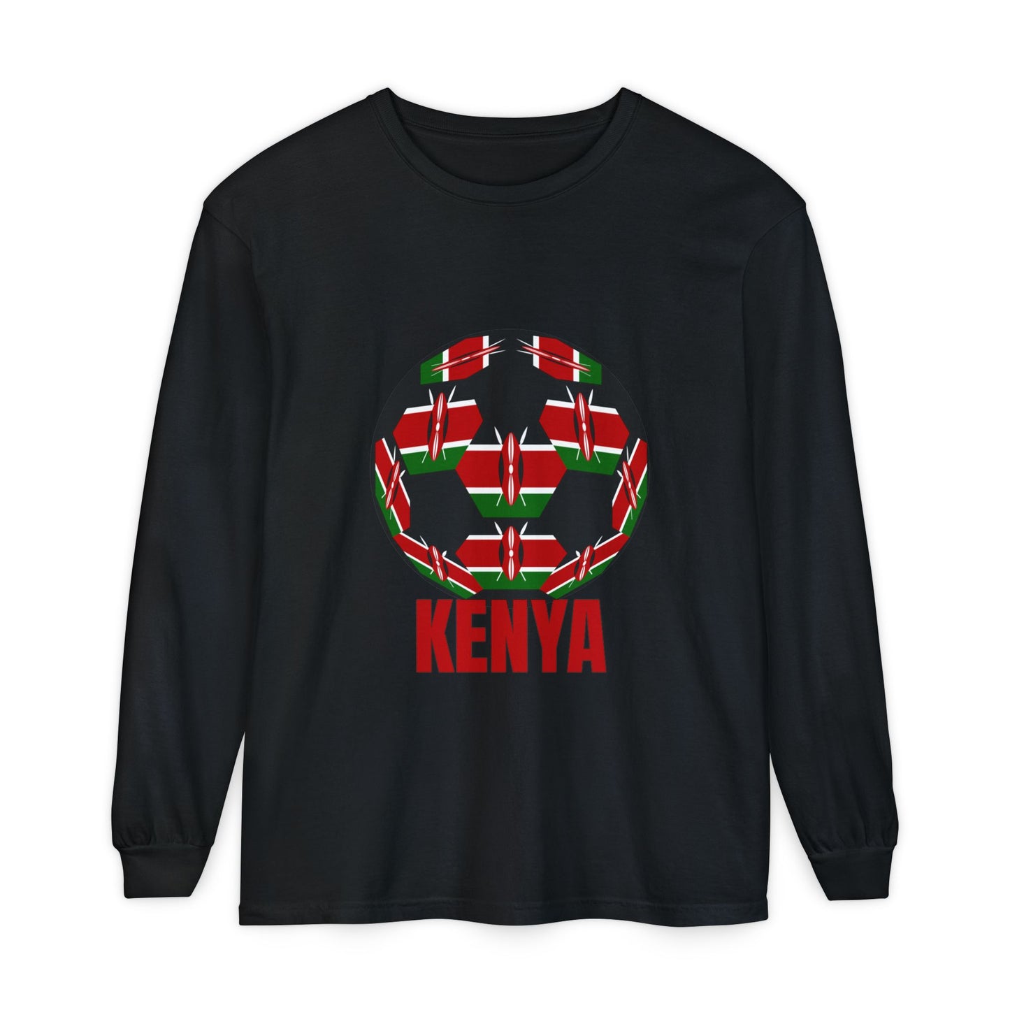 Kenya Fan Specialty Soccer Ball Design T Shirt Long Sleeve Red Text
