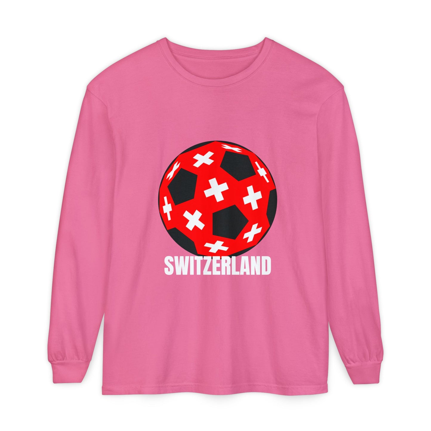 Switzerland Fan Specialty Soccer Ball Design T Shirt Long Sleeve Tee White Text