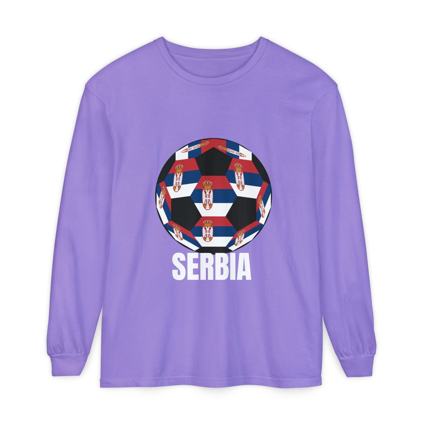 Serbia Fan Specialty Soccer Ball Design T Shirt Long Sleeve Tee White Text