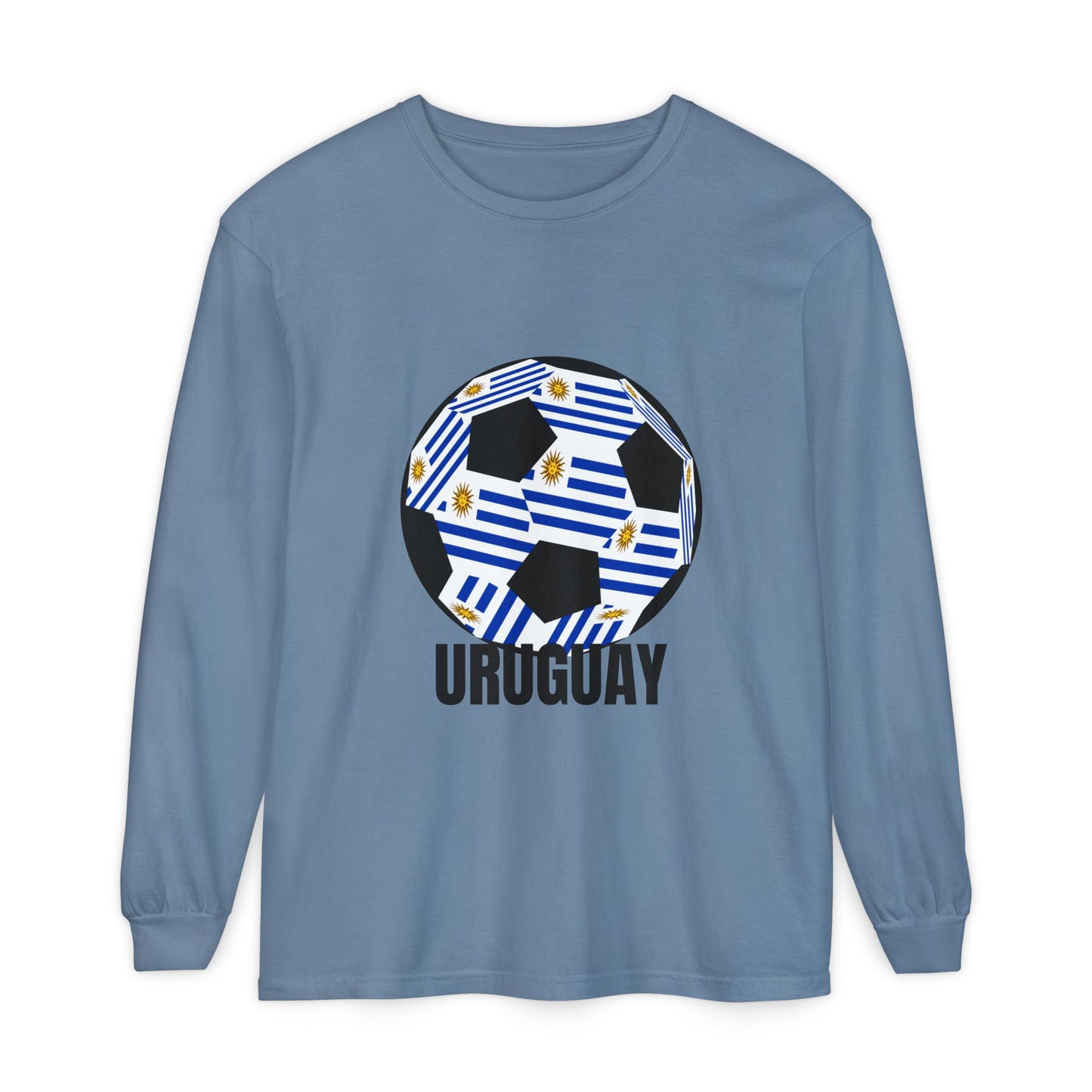 Uruguay Fan Specialty Soccer Ball Design Long Sleeve T-Shirt Black Text