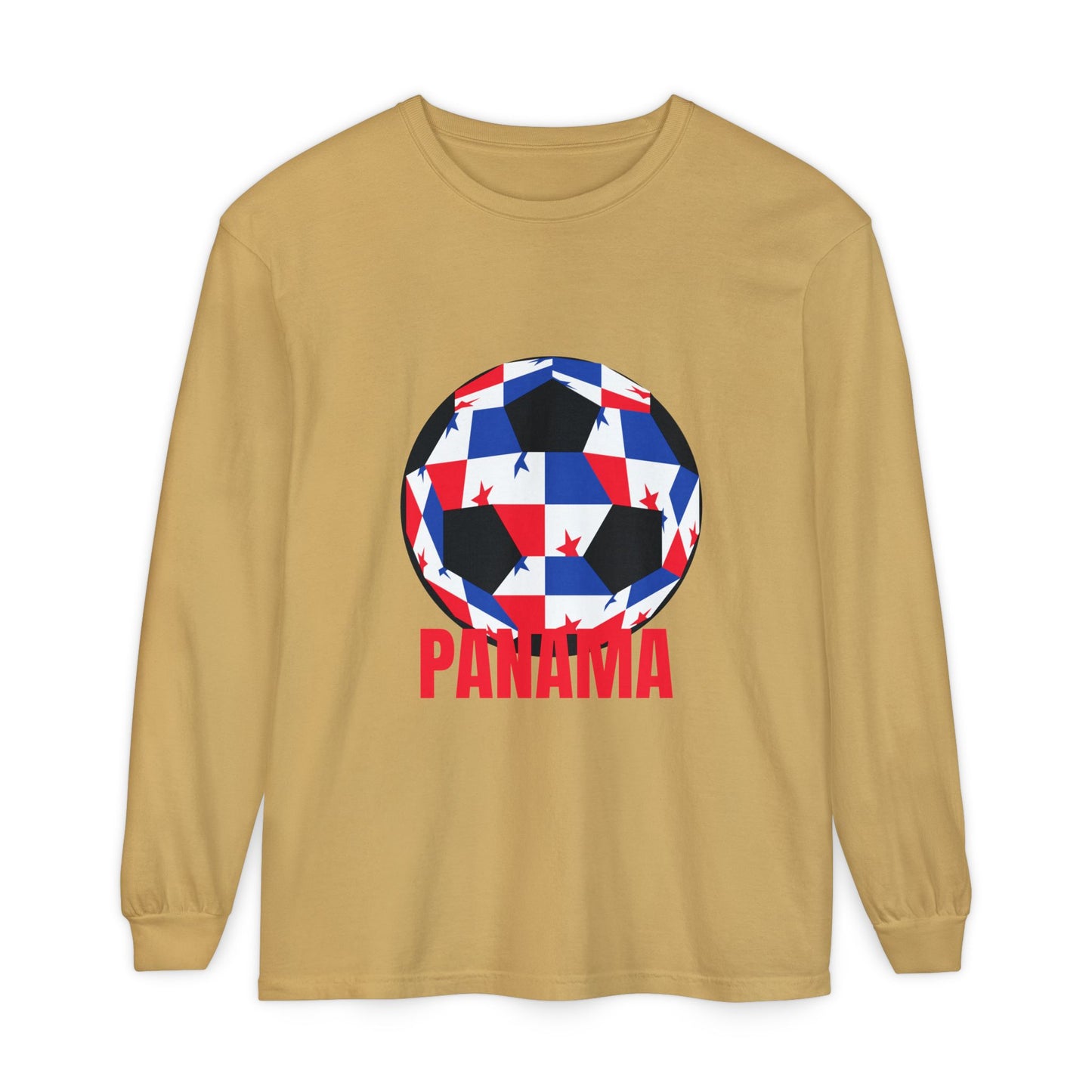 Panama Fan Specialty Soccer Ball Design T ShirtLong Sleeve Tee Red Text