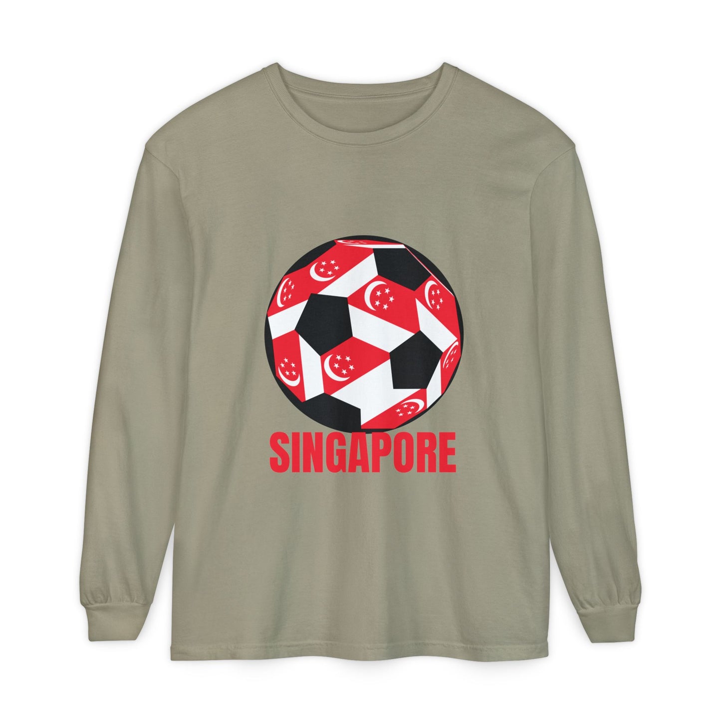 Singapore Fan Specialty Soccer Ball Design T ShirtLong Sleeve Tee Red Text