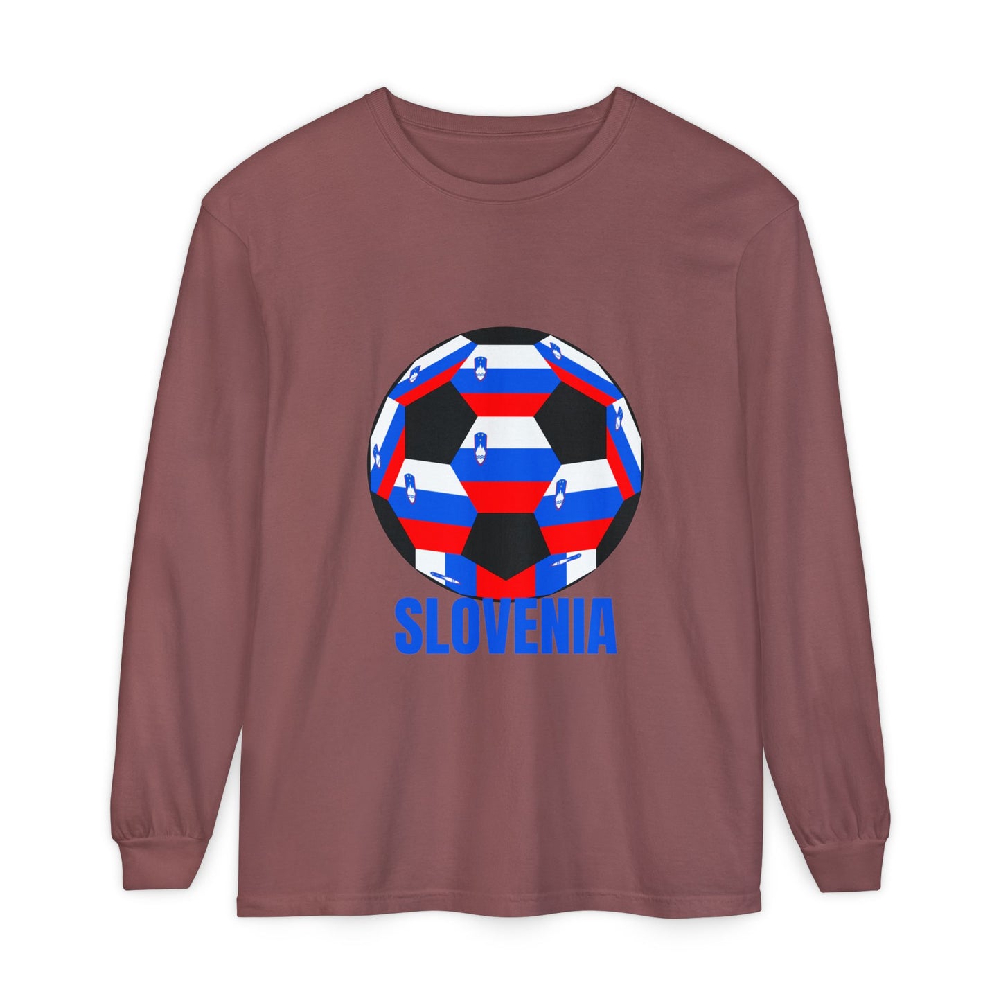 Slovenia Fan Specialty Soccer Ball Design Long Sleeve T-Shirt Blue Text