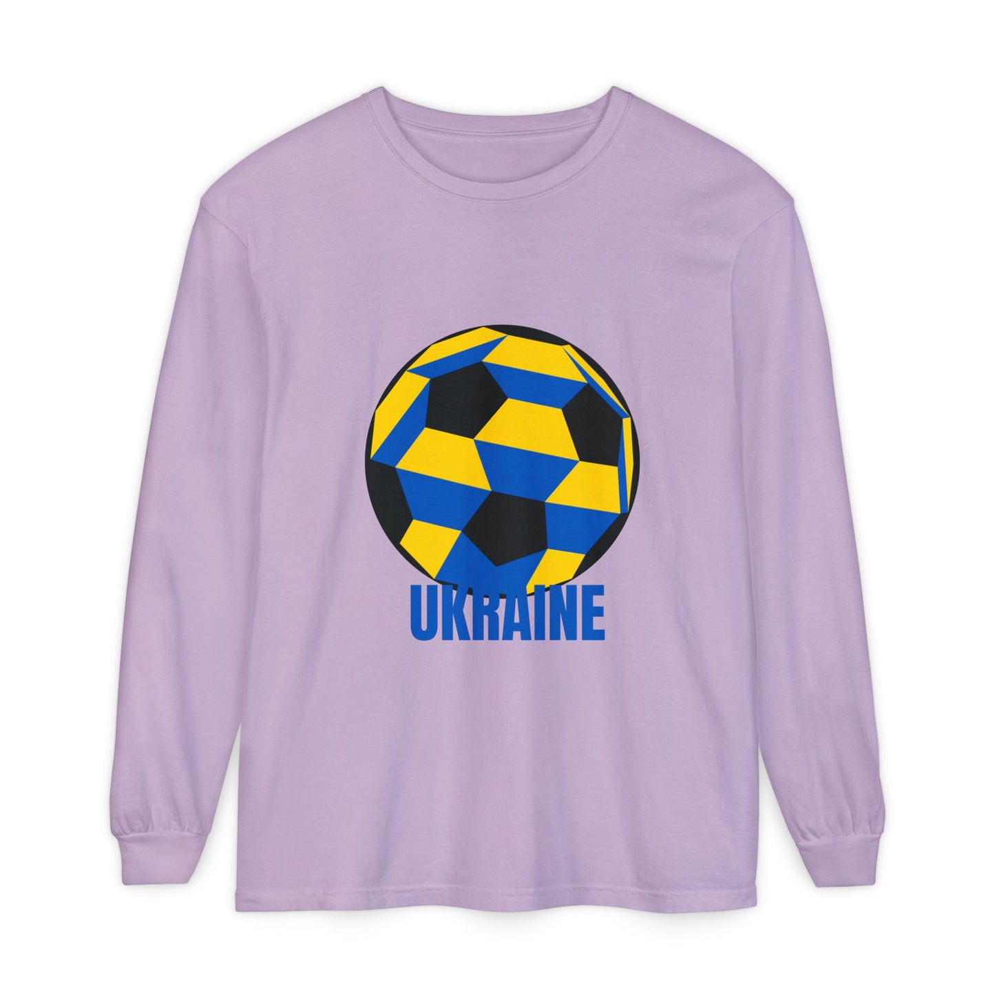 Ukraine Fan Specialty Soccer Ball Design Long Sleeve Tee Blue Text