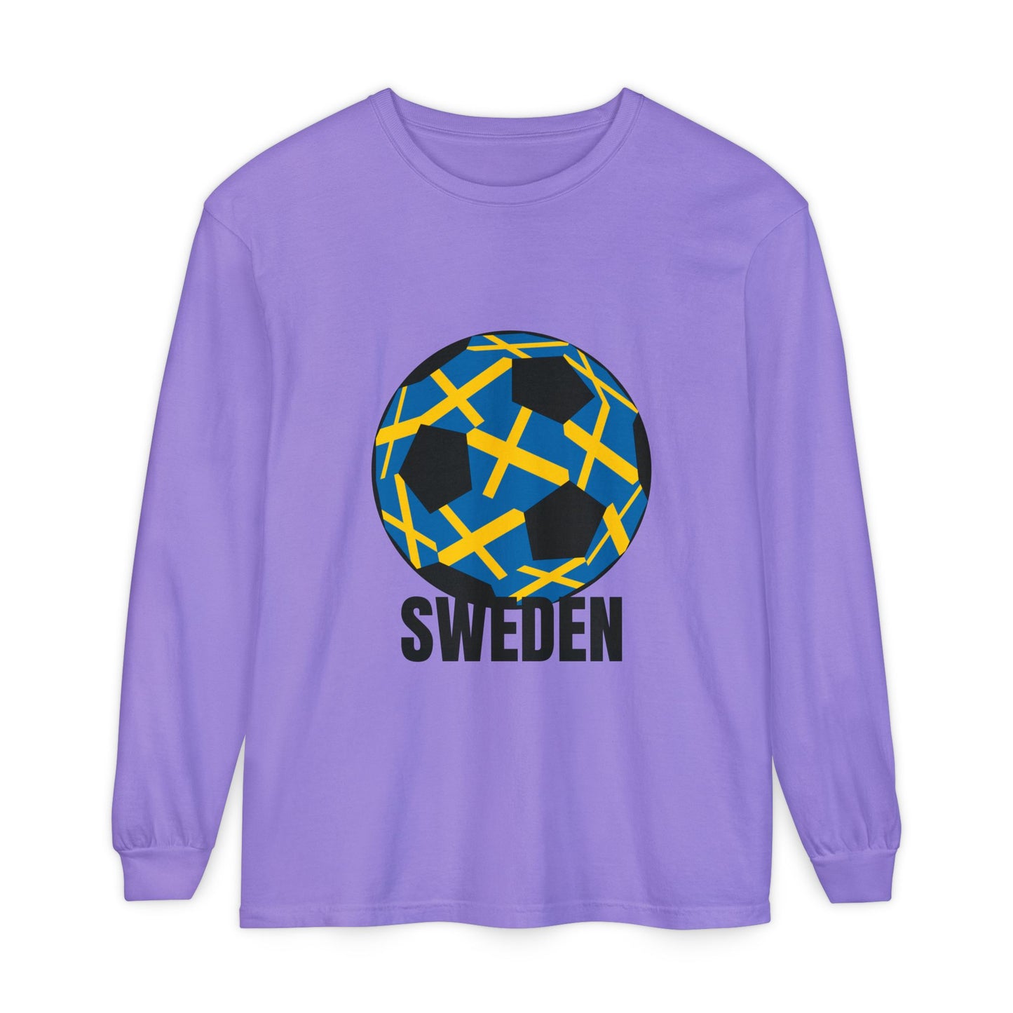 Sweden Fan Specialty Soccer Ball Design Long Sleeve Tee Black Text