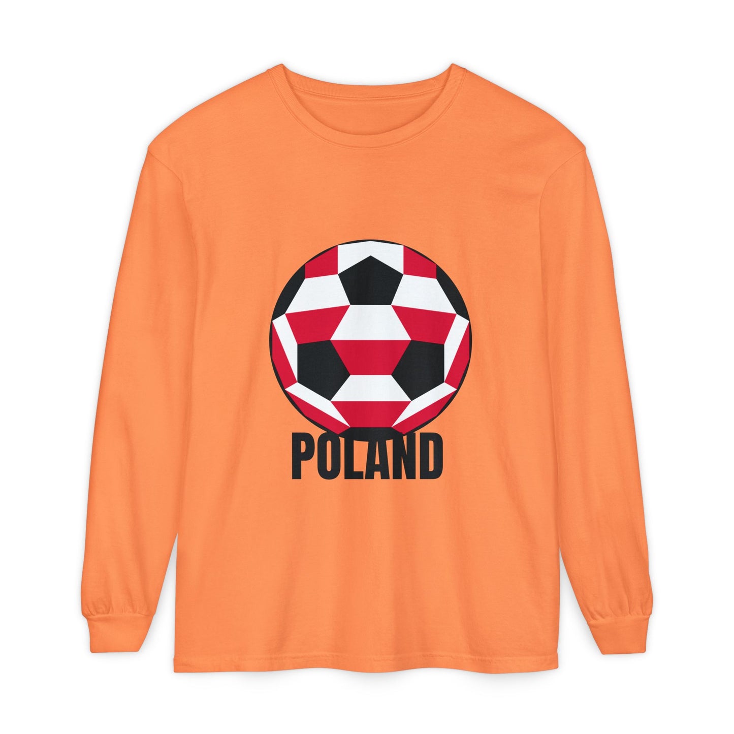 Poland Fan Specialty Soccer Ball Design T Shirt Long Sleeve Shirt Black Text