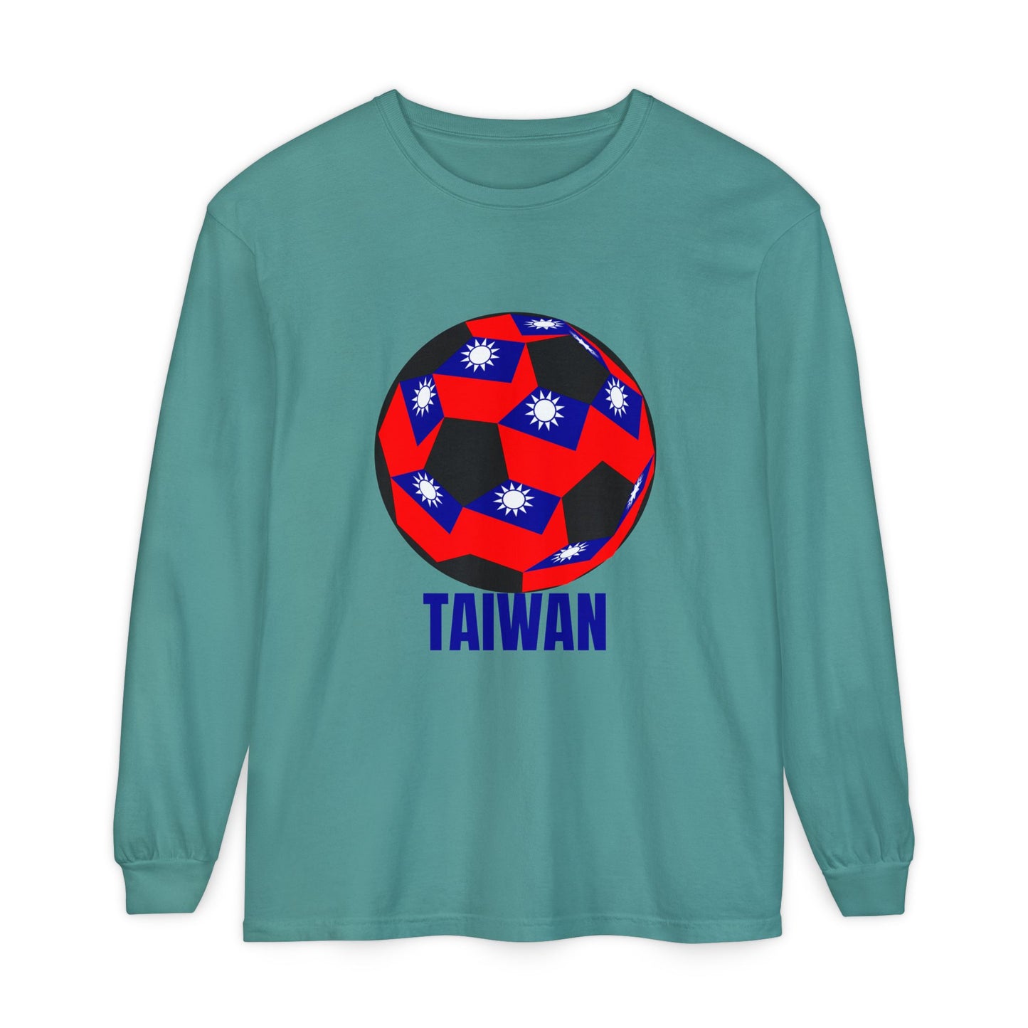Taiwan Flag Design Soccer Ball Long Sleeve Tee Blue Text
