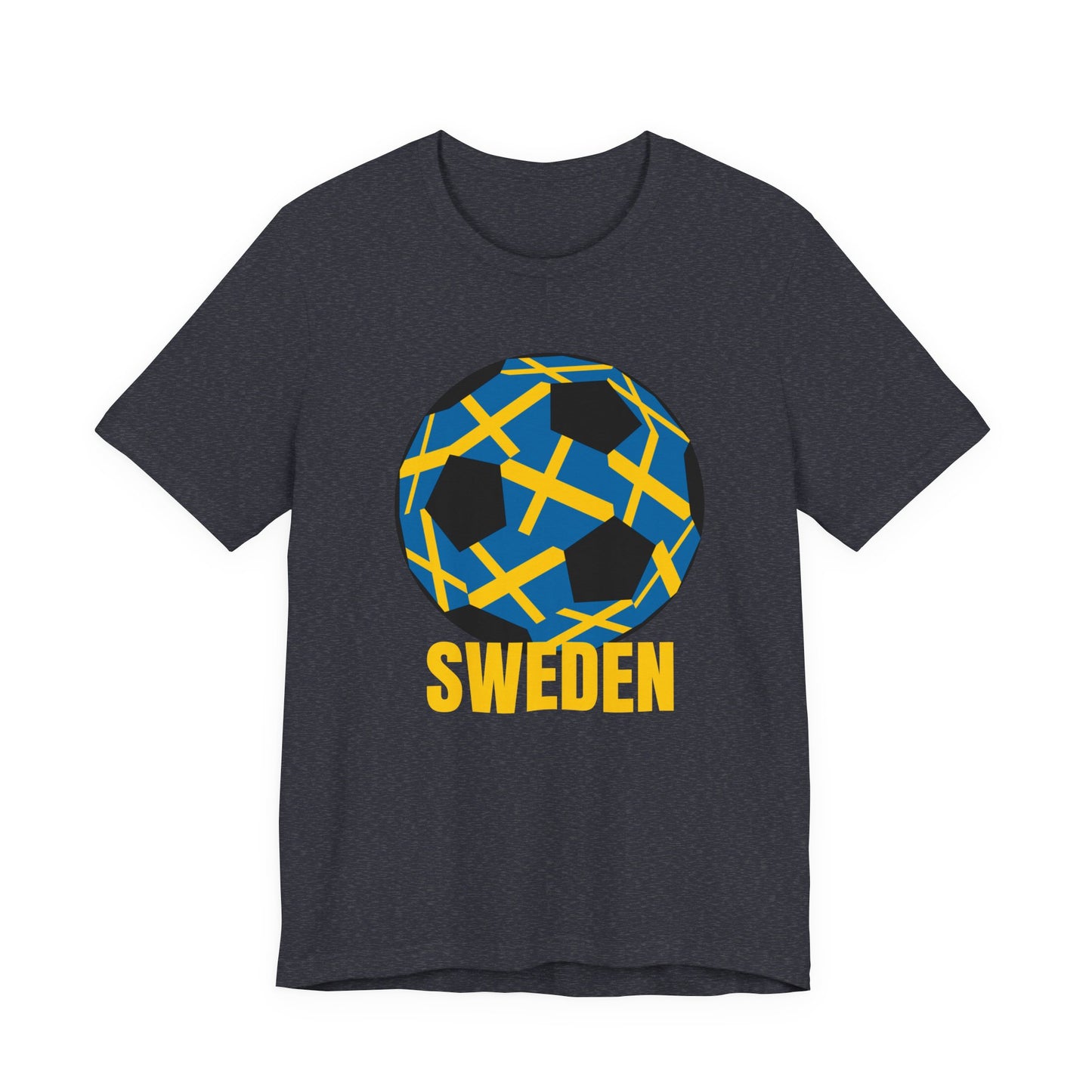 Sweden Fan Specialty Soccer Ball Design T Shirt Gold Text