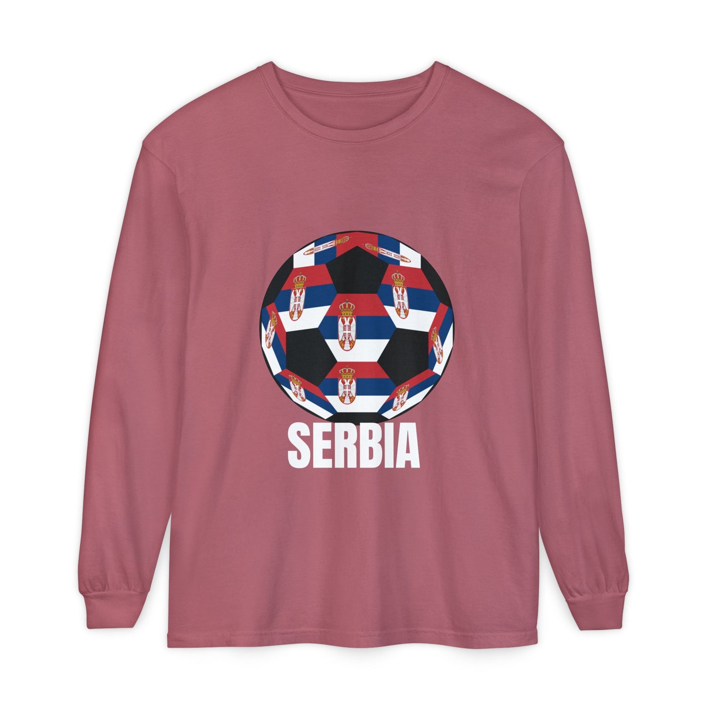 Serbia Fan Specialty Soccer Ball Design T Shirt Long Sleeve Tee White Text
