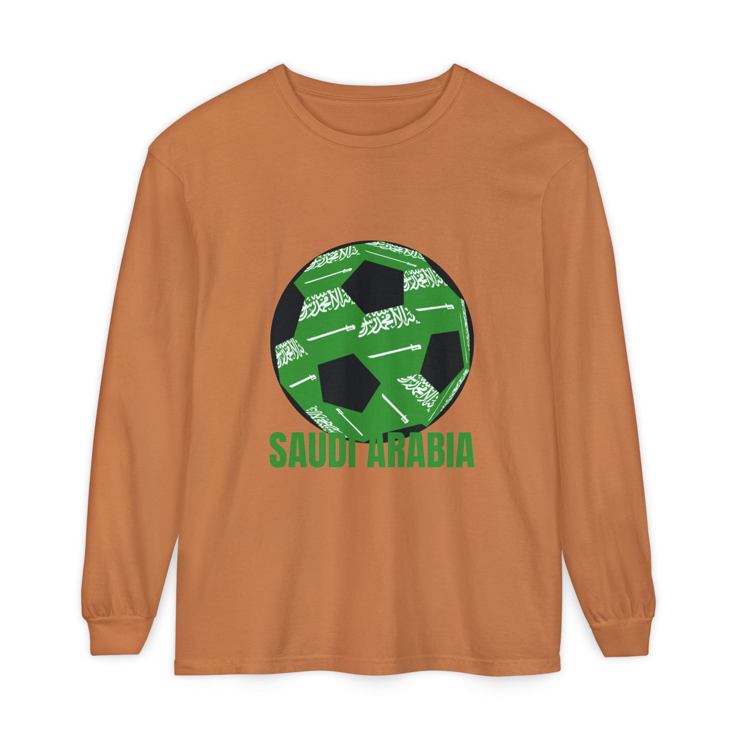 Saudi Arabia Fan Specialty Soccer Ball Design T Shirt Long Sleeve Tee Green Text