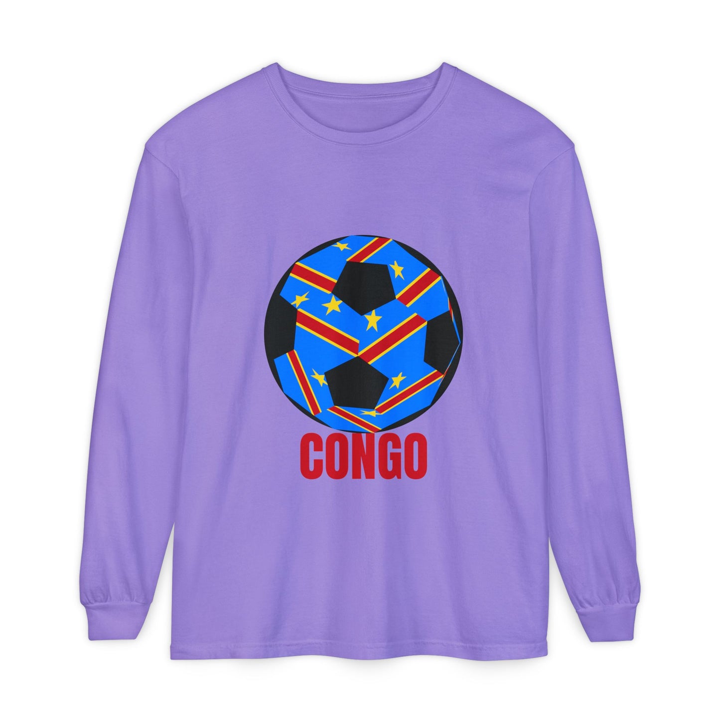 Congo Fan Specialty Soccer Ball Design T Shirt Long Sleeve Tee Red Text