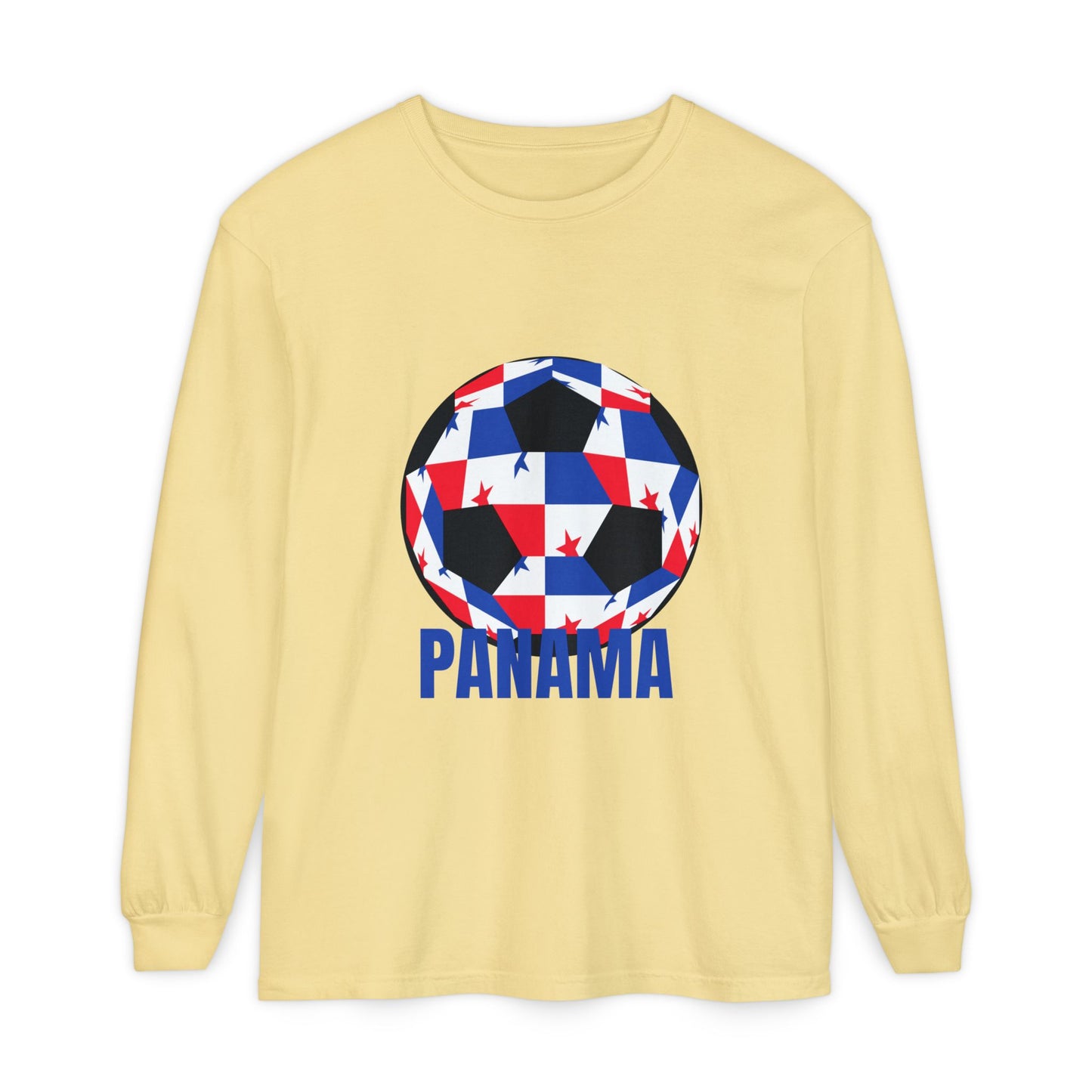 Panama Fan Specialty Soccer Ball Design T Shirt Long Sleeve T-Shirt blue Text