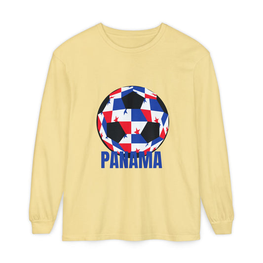 Panama Fan Specialty Soccer Ball Design T Shirt Long Sleeve T-Shirt blue Text