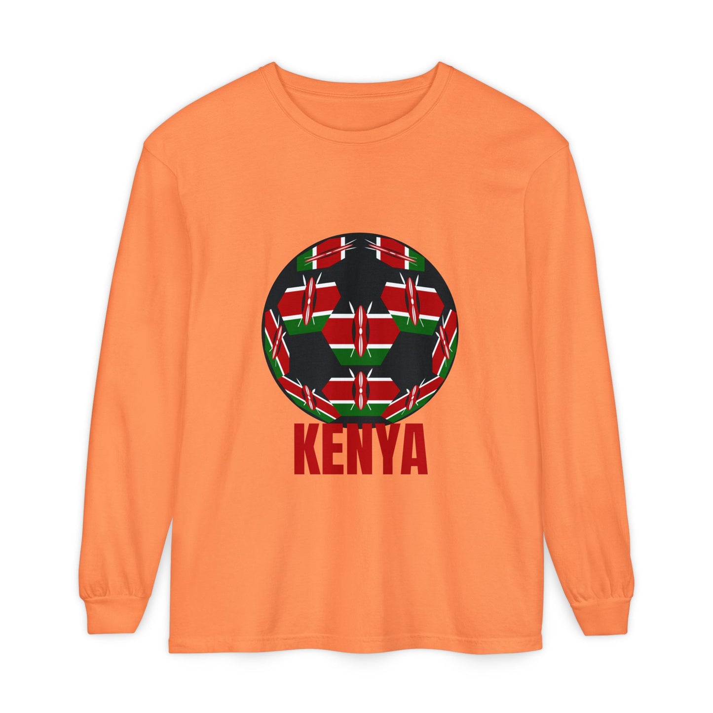Kenya Fan Specialty Soccer Ball Design T Shirt Long Sleeve Red Text